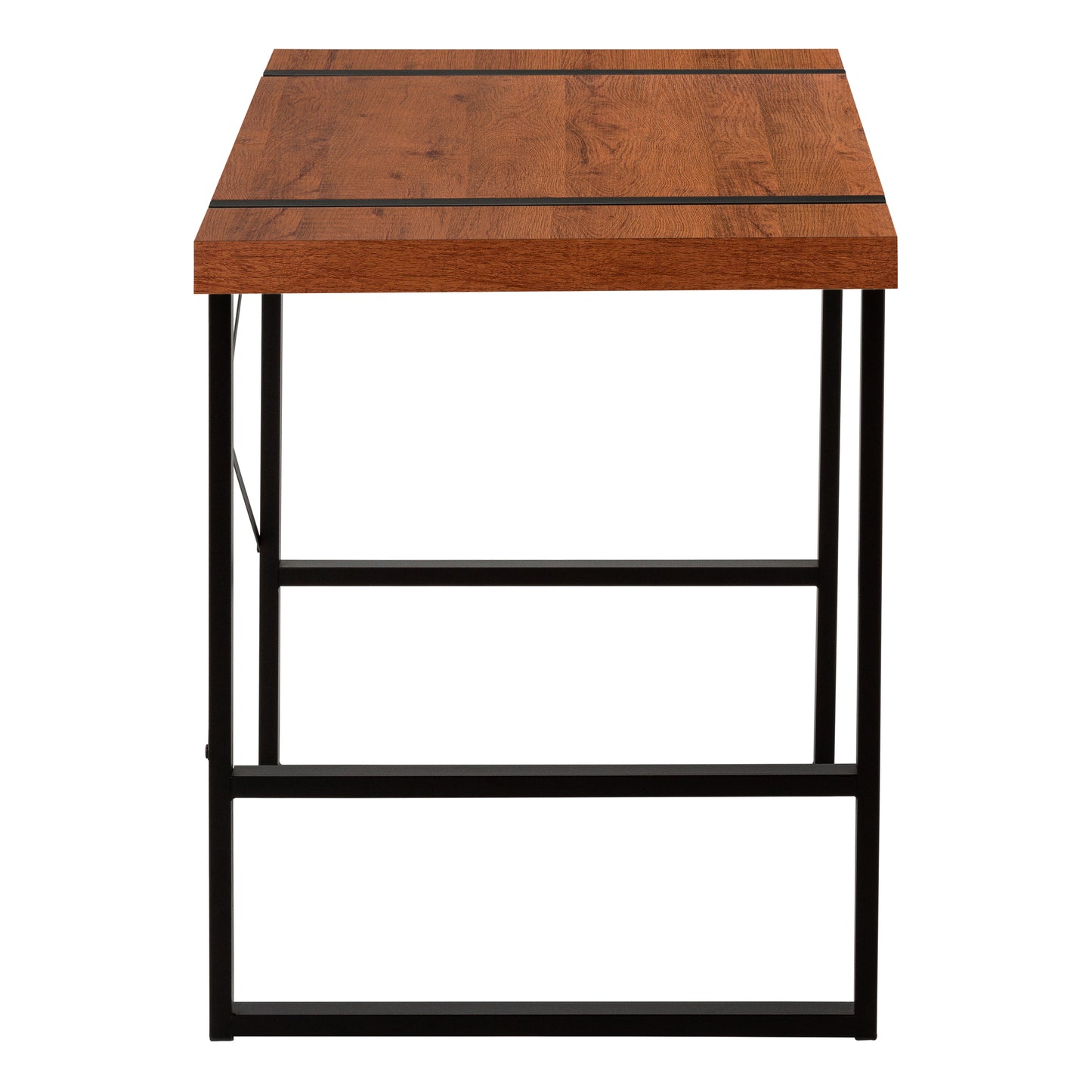 Modern side table with rich brown wood grain top and black metal frame