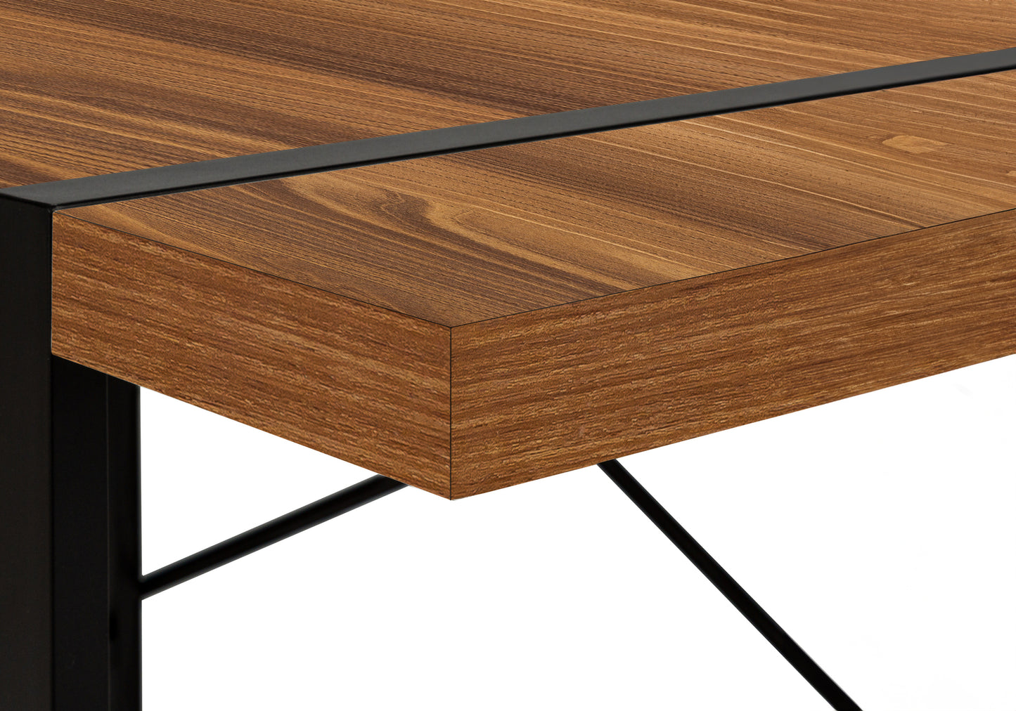 Modern walnut wood desk with sleek black metal frame and legs