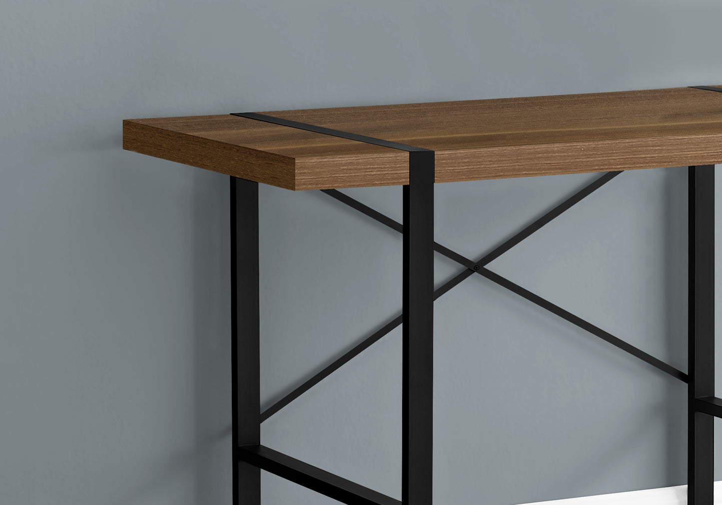 Rustic oak console table with black metal frame and Xbraced legs