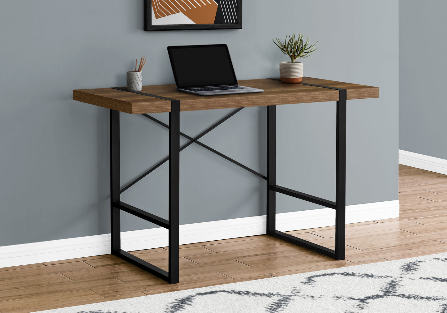 Modern rustic brown wood desk with black metal frame and Xbrace detail for office use
