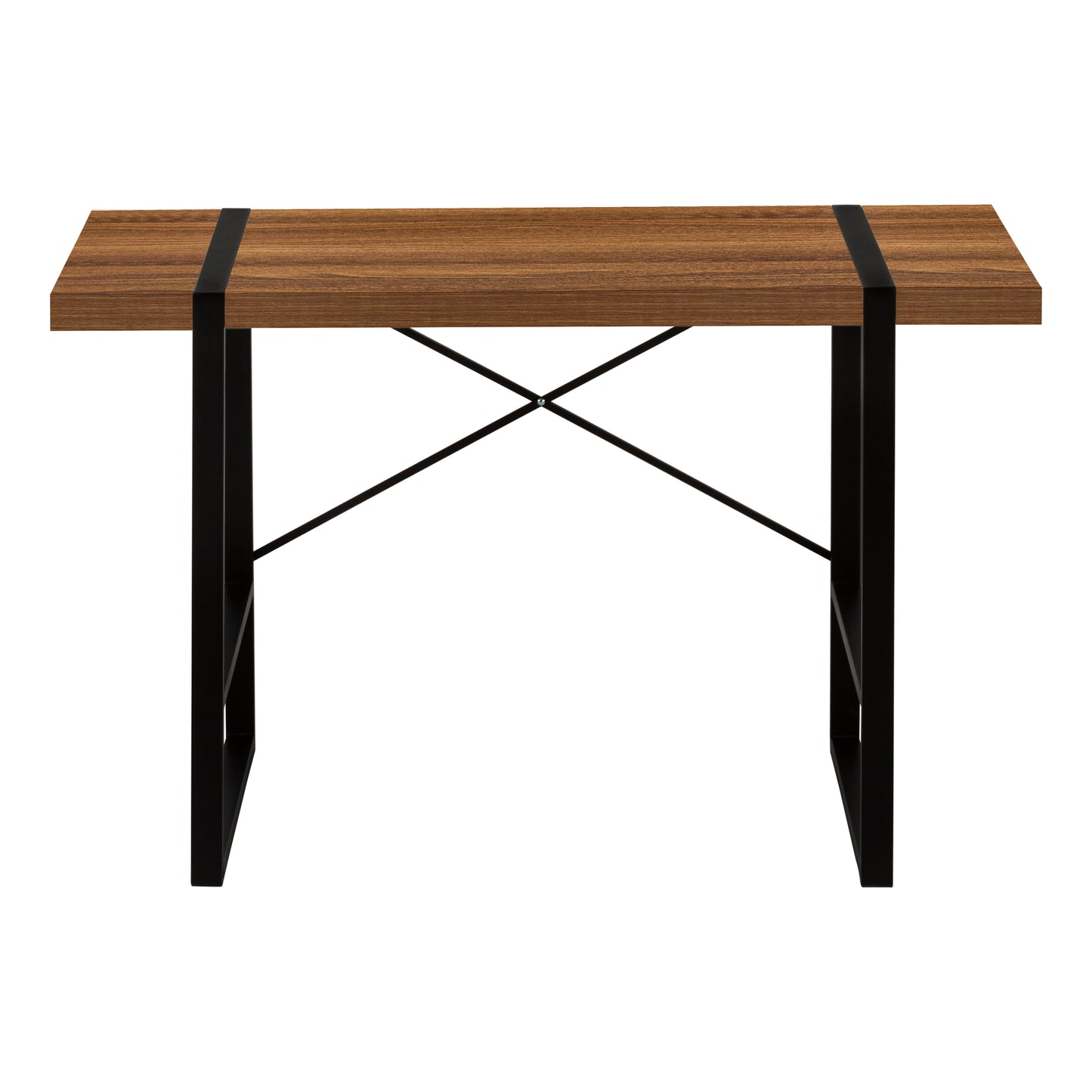 Modern walnut finish writing desk with black metal frame and legs