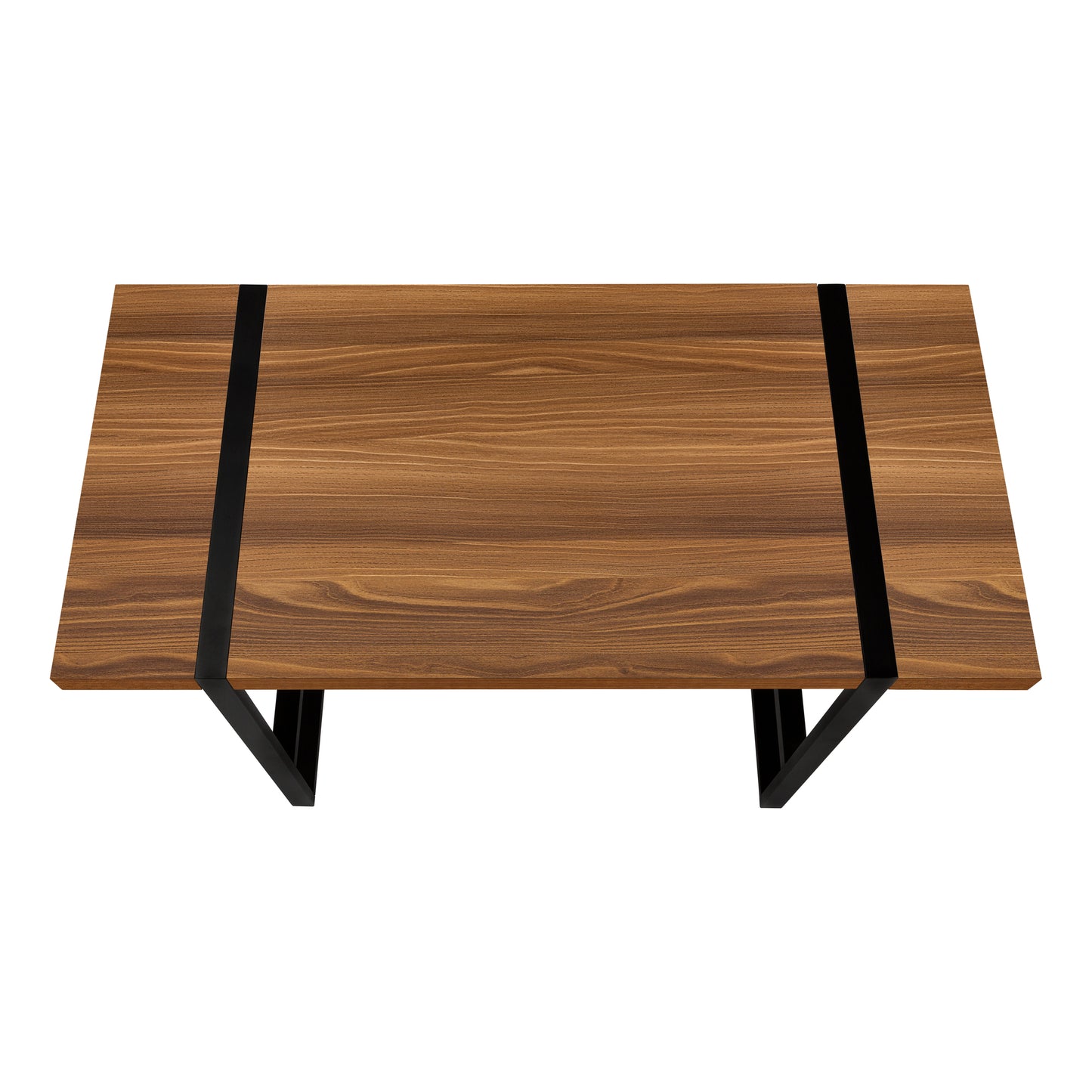 Modern coffee table with rich walnut veneer top and sleek black metal legs for living room