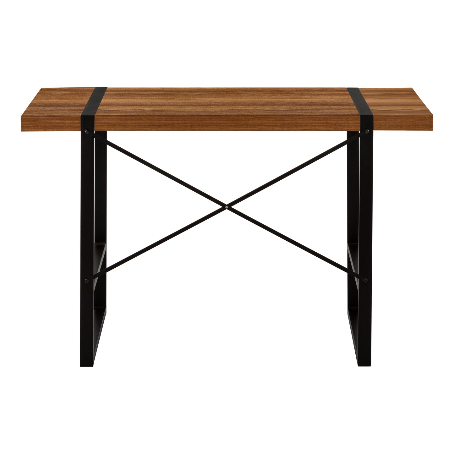 Industrial style console table with rich walnut wood top and black metal frame