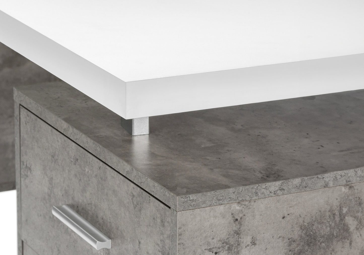 Modern white desk with concreteeffect drawer unit and silver handle