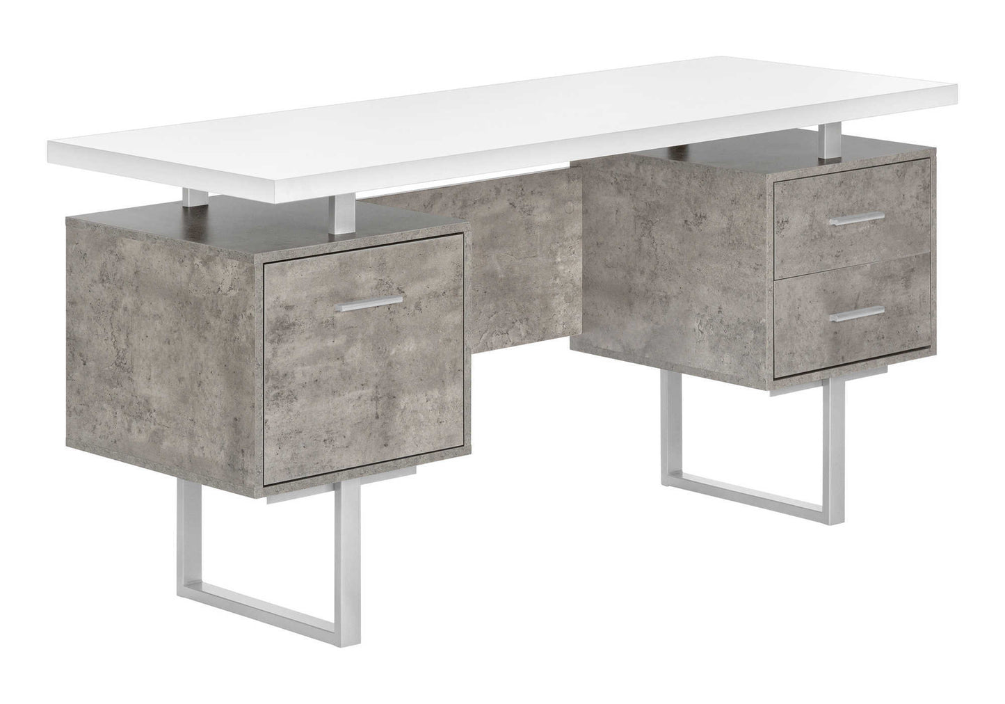 Modern desk with concrete finish drawers and white top for home office setup