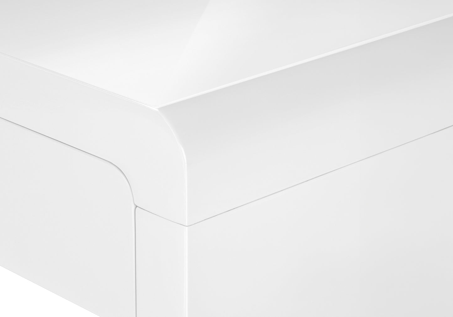 Clean white glossy finish on modern furniture drawer front smooth rounded edge detail