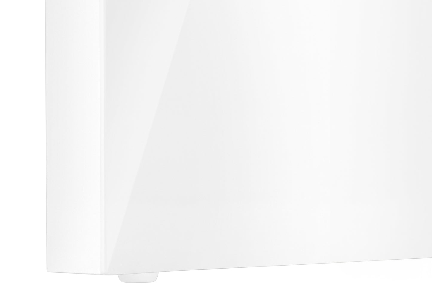 Glossy white cabinet door with soft rounded base