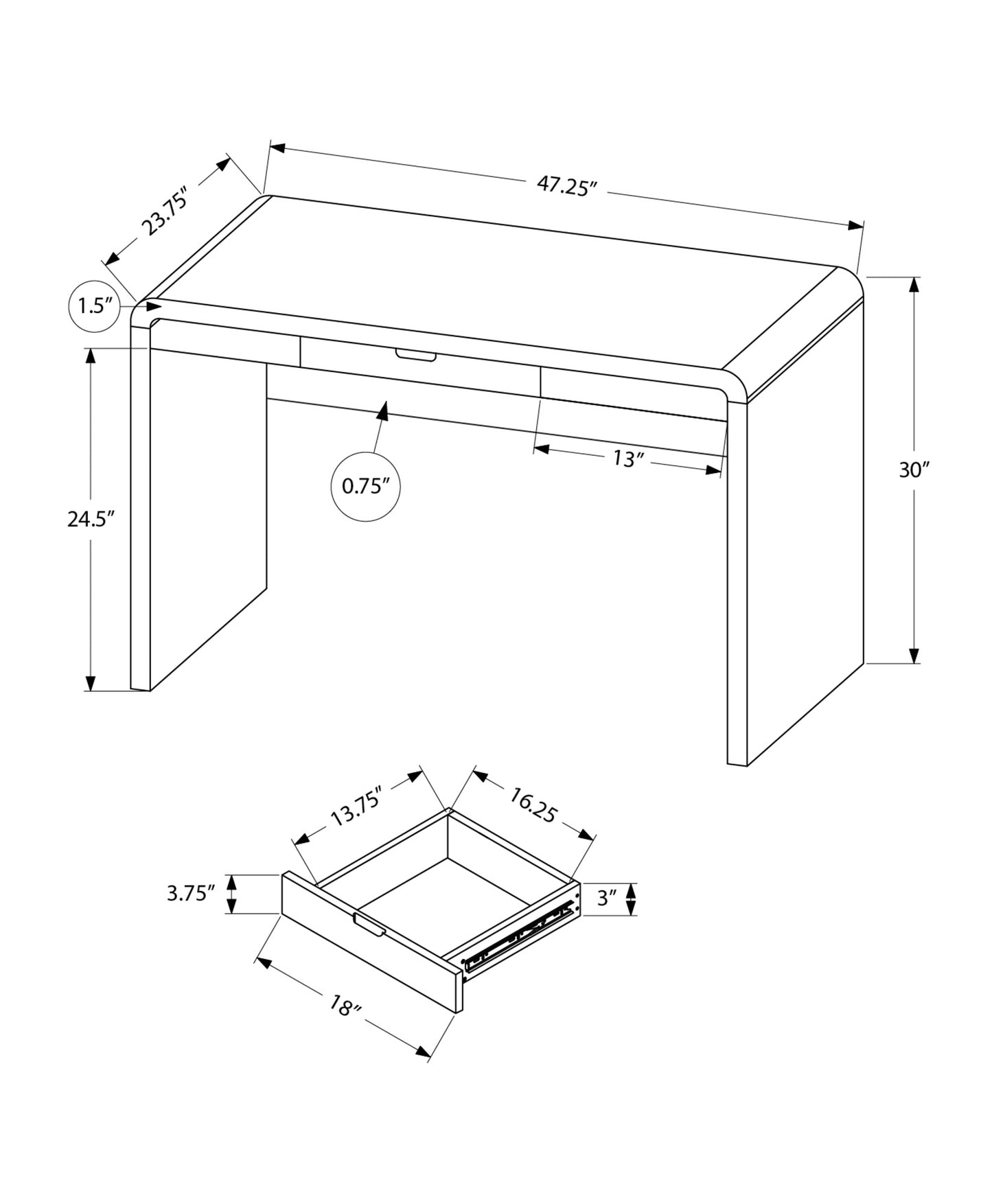 Technical drawing of a modern writing desk with dimensions for overall size and drawer This desk features a clean minimalist design ideal for home offices