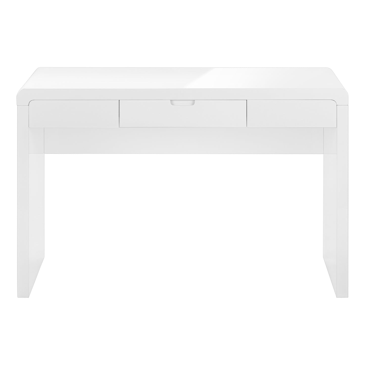 Modern white desk with three drawers and sleek integrated handles