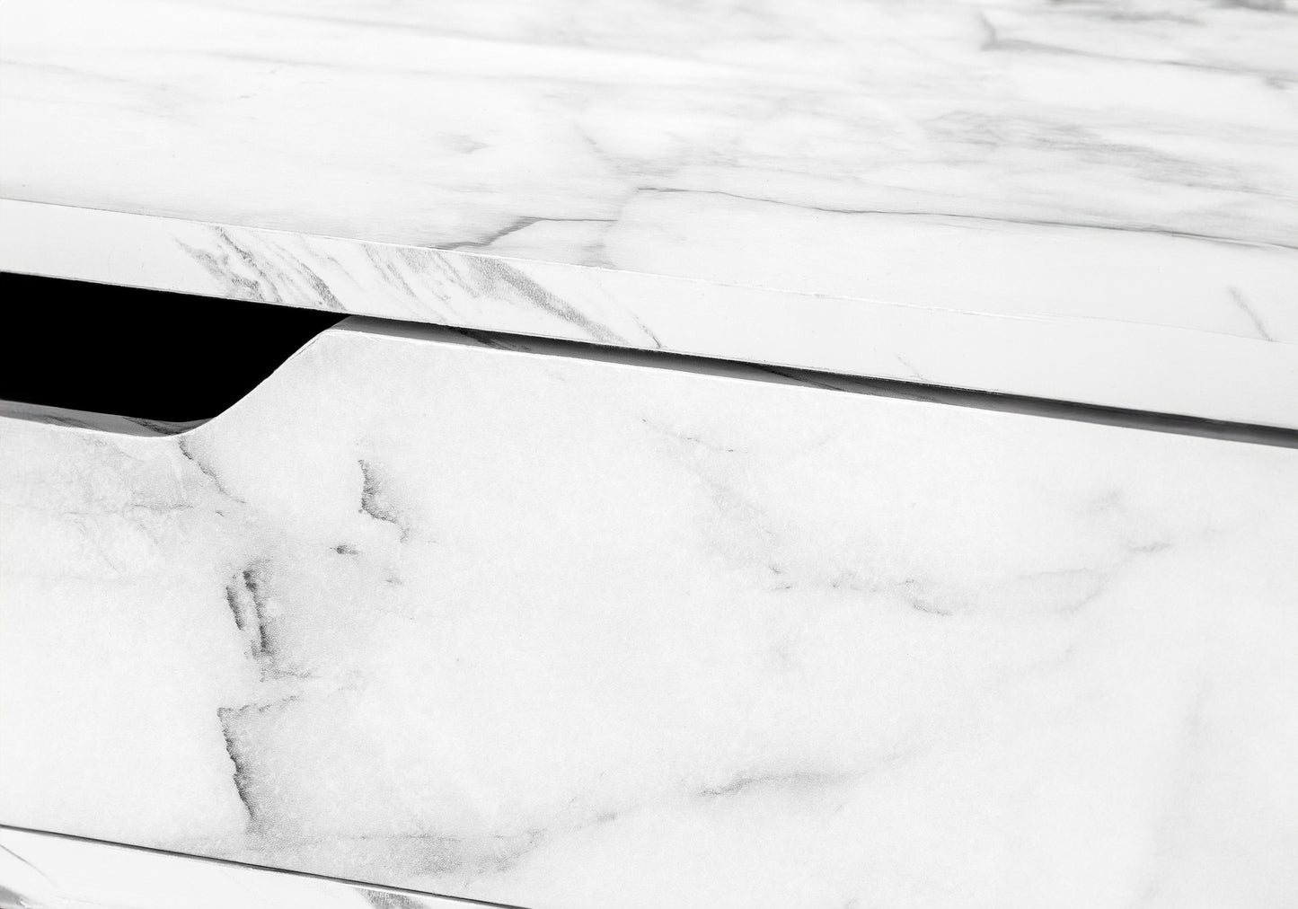 White marble laminate countertop edge detail with dark grey veining