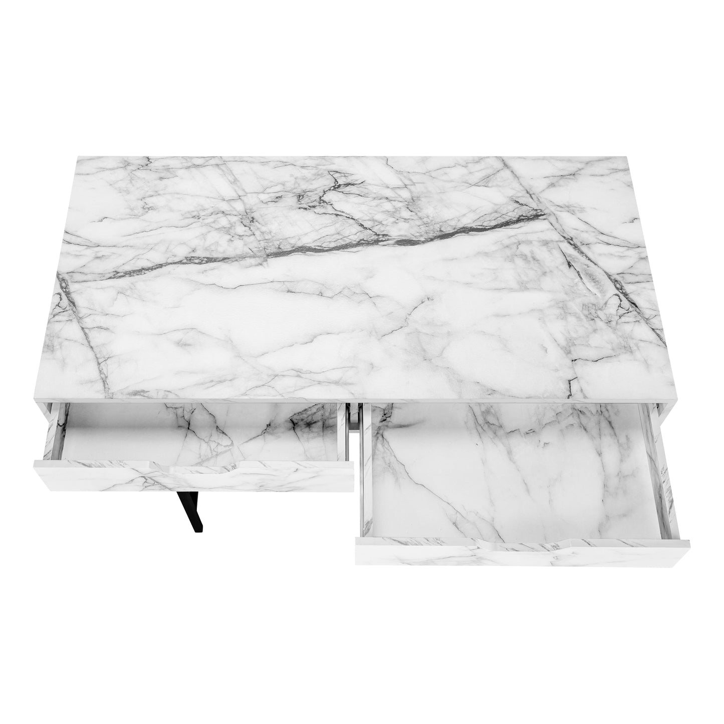 White marble top coffee table with two open drawers and modern black legs
