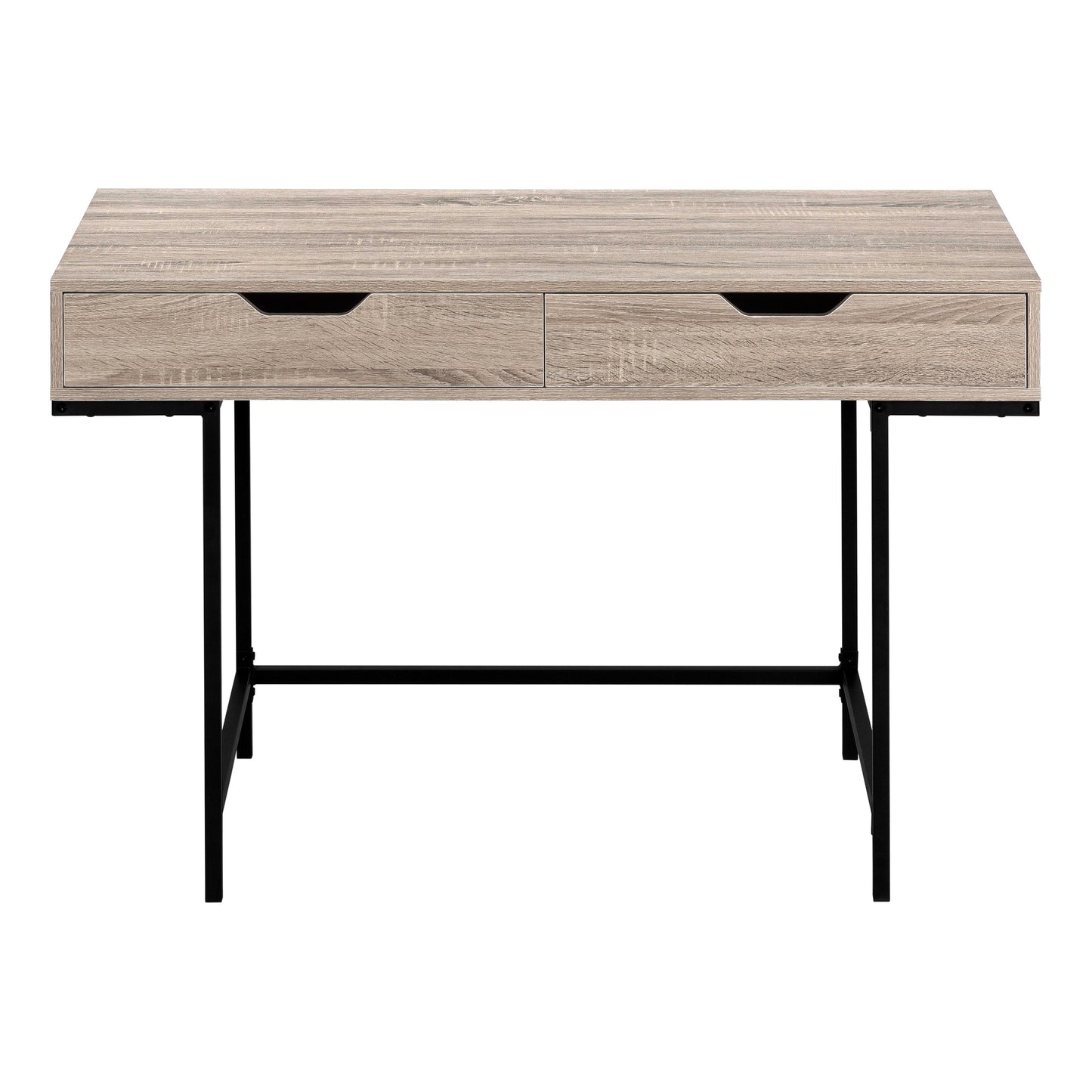 Light oak writing desk with two drawers and black metal legs