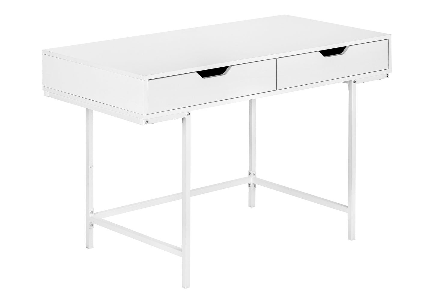 Minimalist white desk with two drawers and slim metal legs perfect for a modern home office