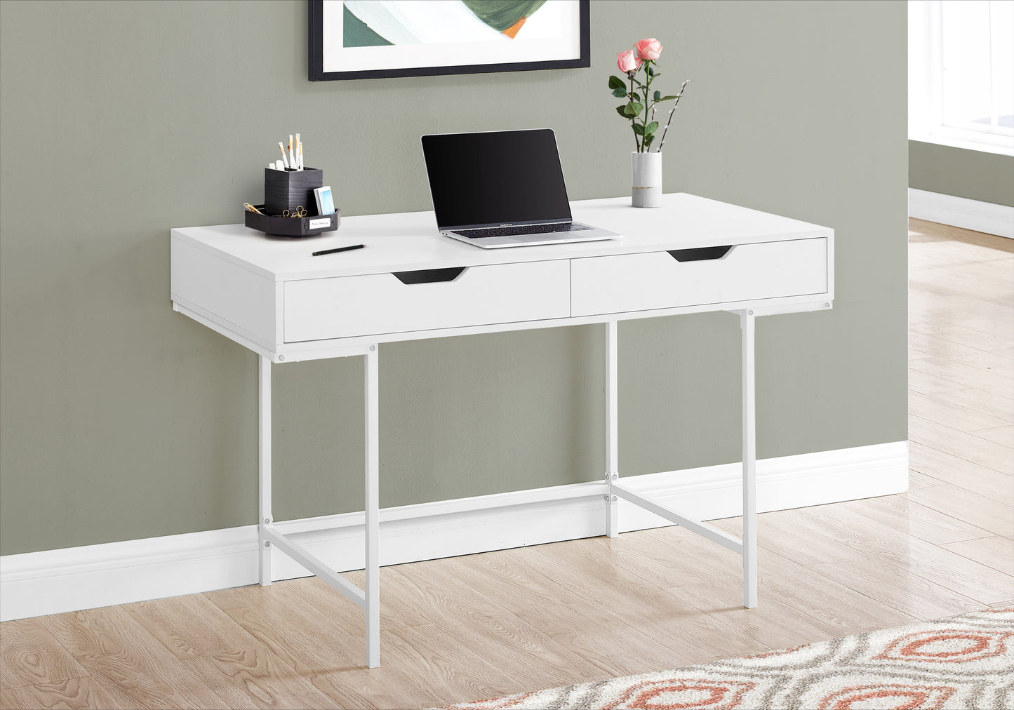 White modern writing desk with two drawers laptop and desk organizer