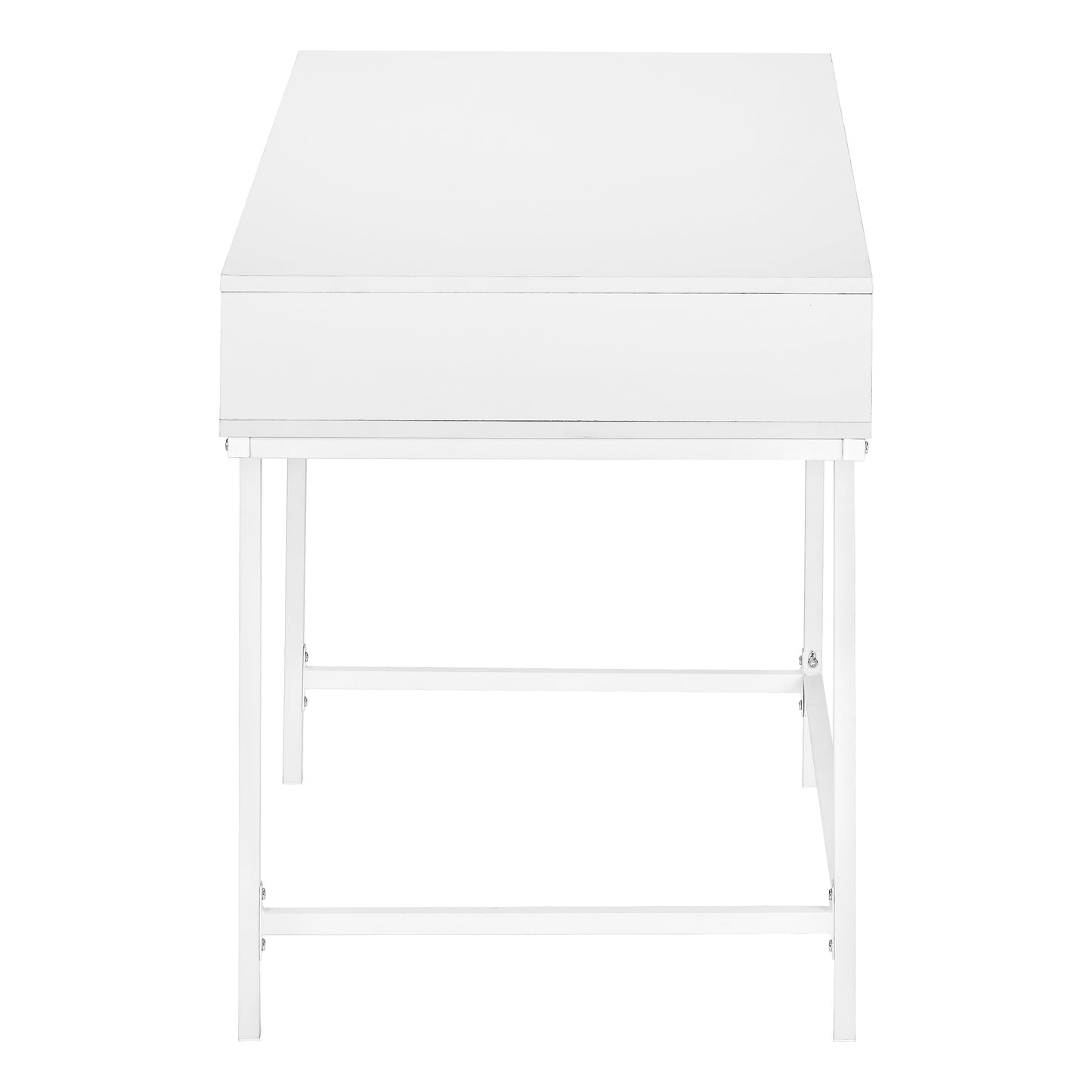 Minimalist white desk with a single drawer and metal legs perfect for modern home offices