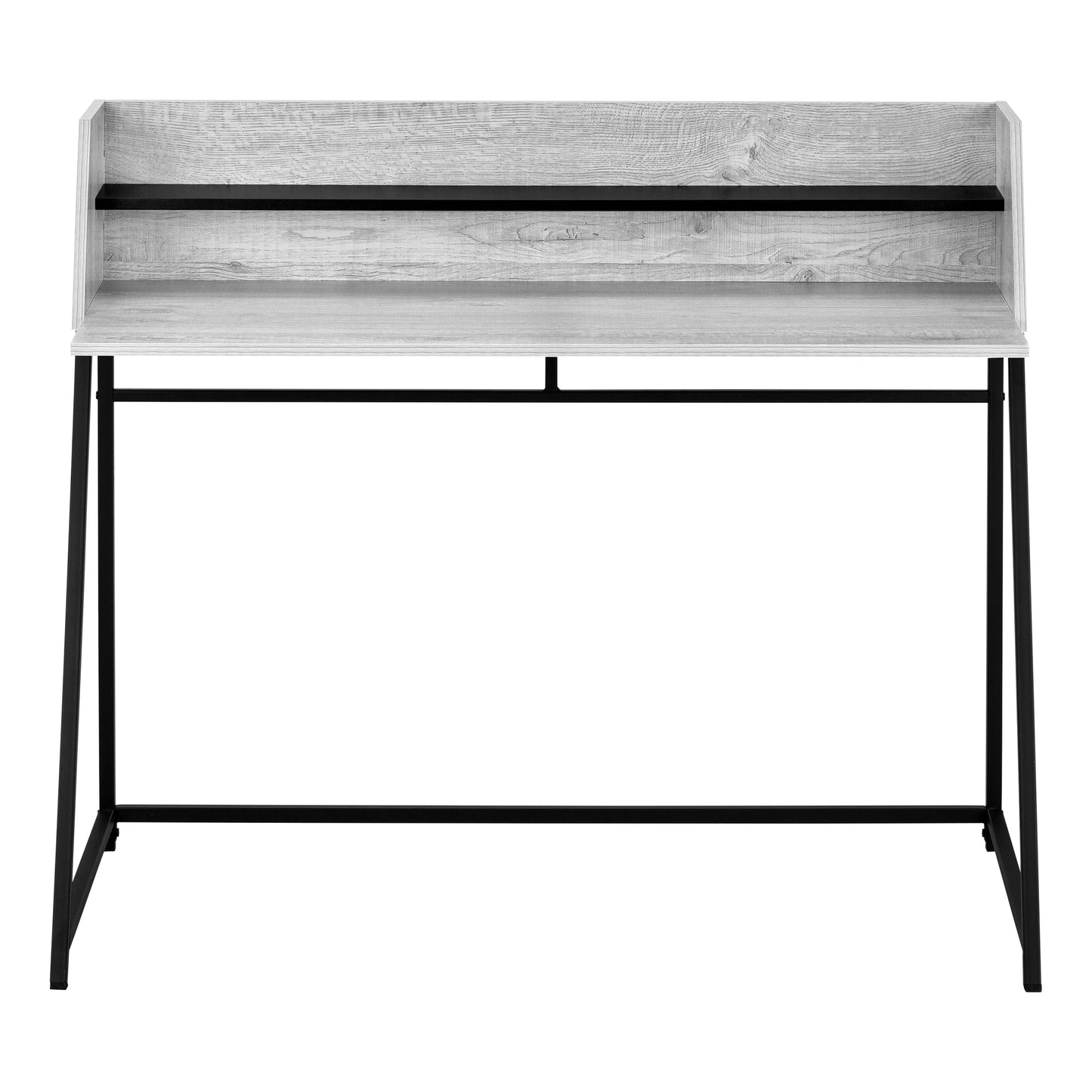 Modern white wood grain writing desk with black metal frame and shelf