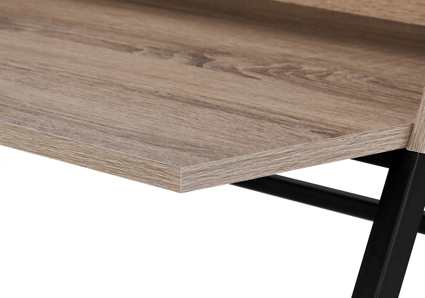 Light oak laminate desk surface with black metal frame detail