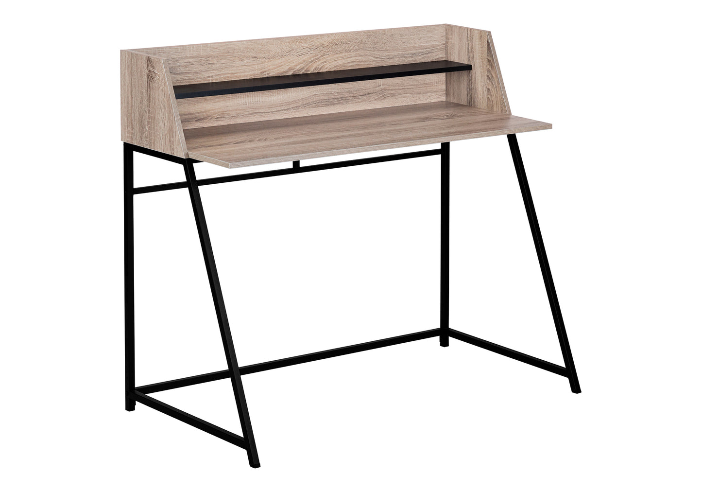 Modern light oak writing desk with black metal frame and elevated shelf