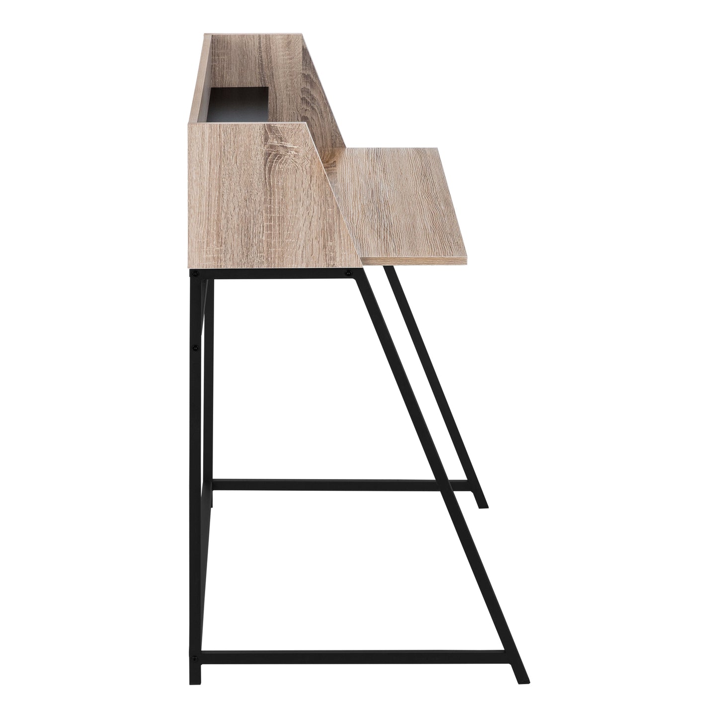 Modern light oak secretary desk with black metal legs and open shelving