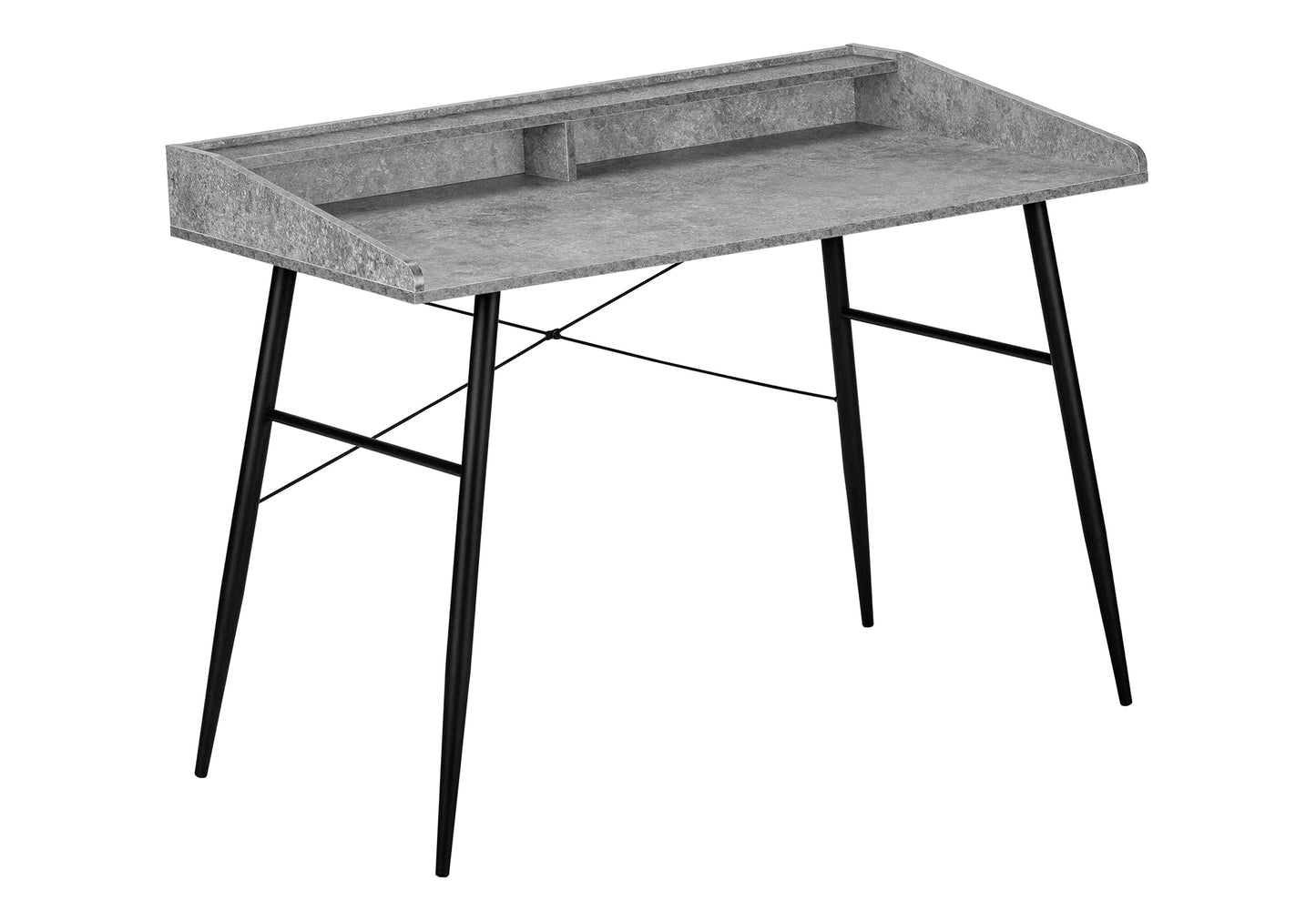 Modern grey concrete writing desk with black metal legs and open shelf