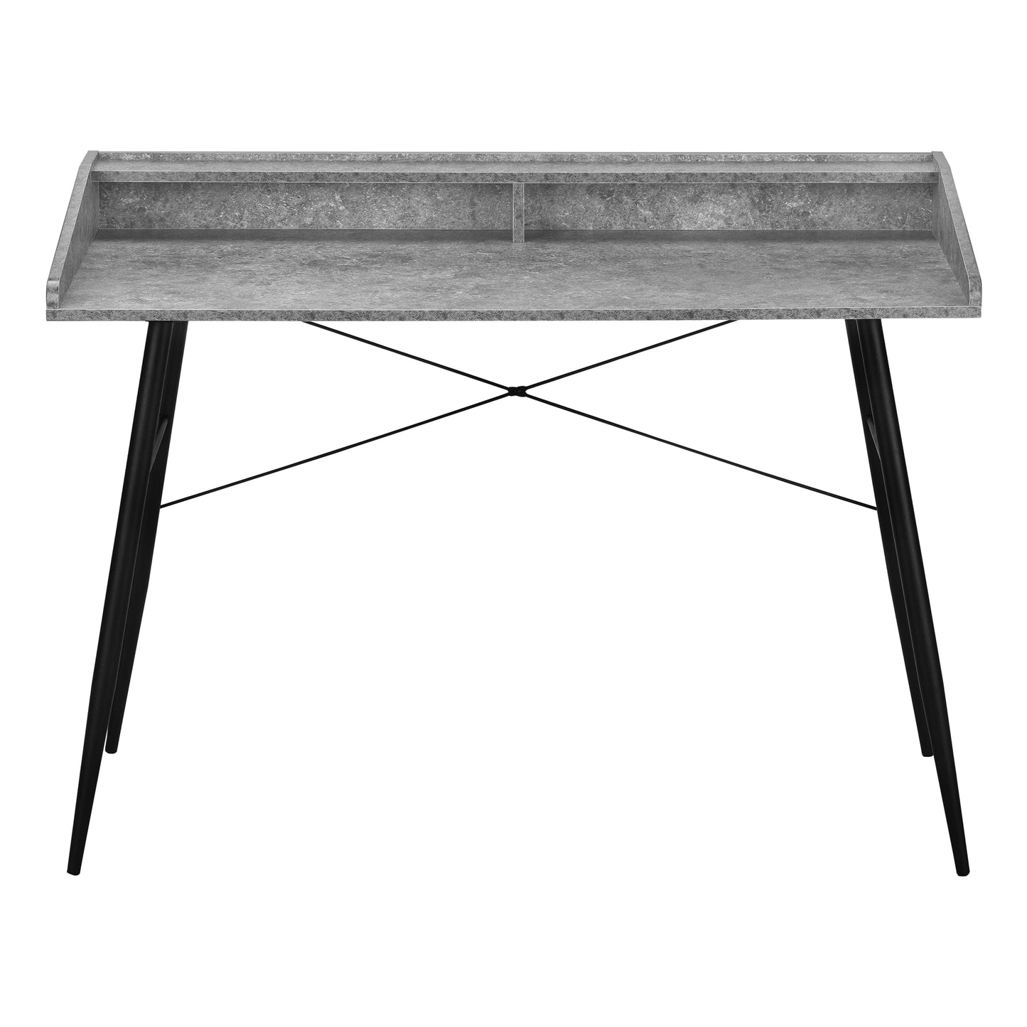 Modern desk with textured grey concrete top and black tapered legs ideal for home office