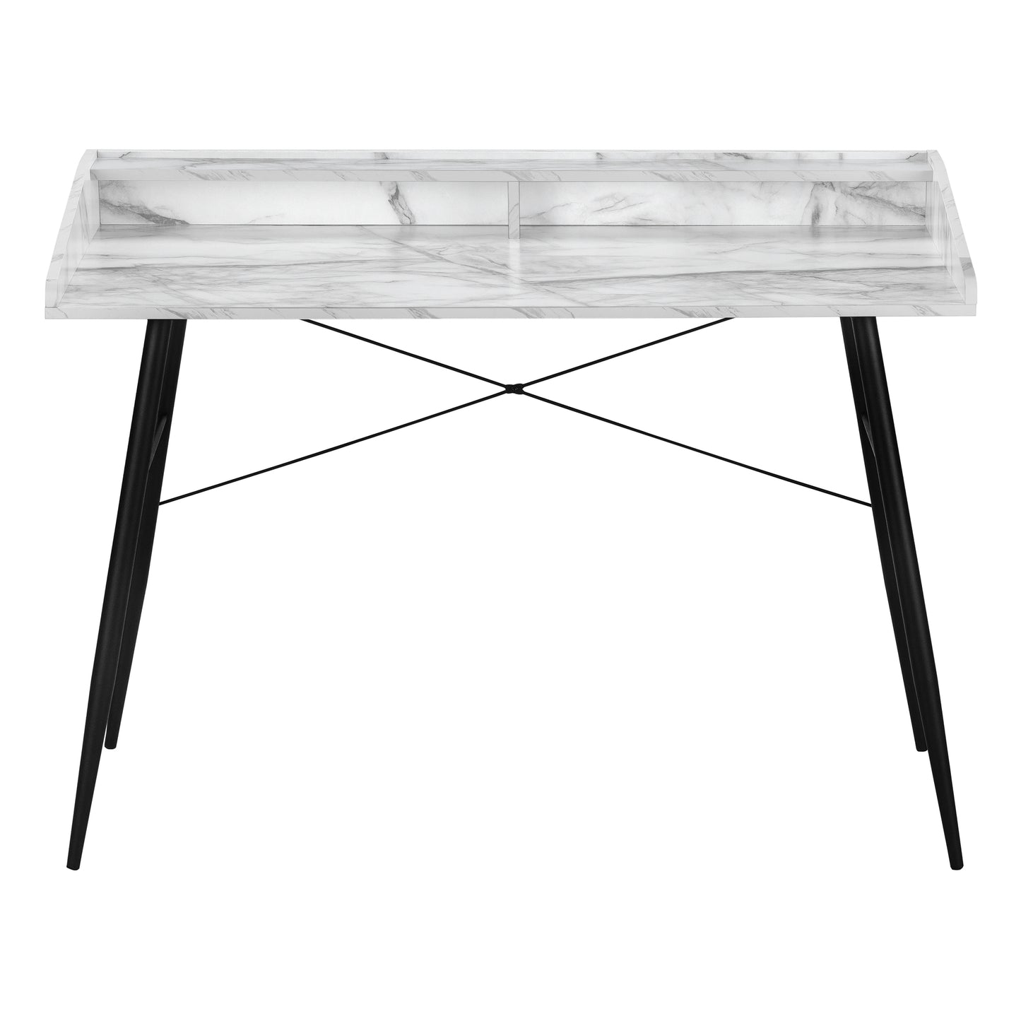 Modern marble effect writing desk with tapered black legs and open shelf