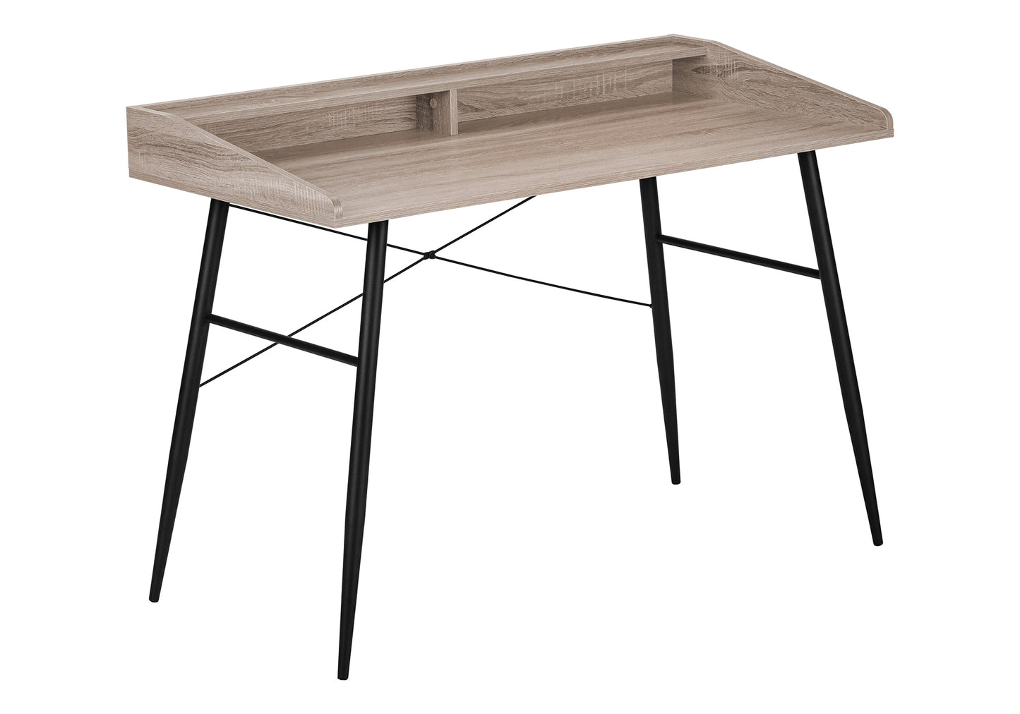 Modern wood grain writing desk with black metal legs and builtin shelf