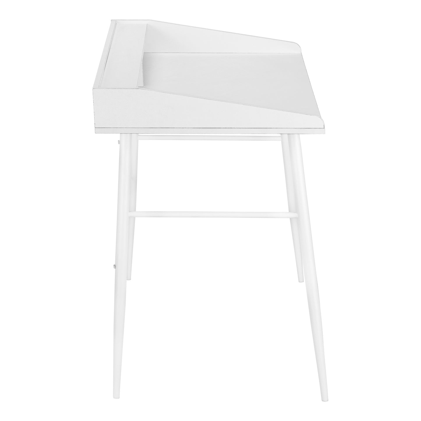 Sleek white wooden writing desk with angled legs and a tiered top surface for modern home office style
