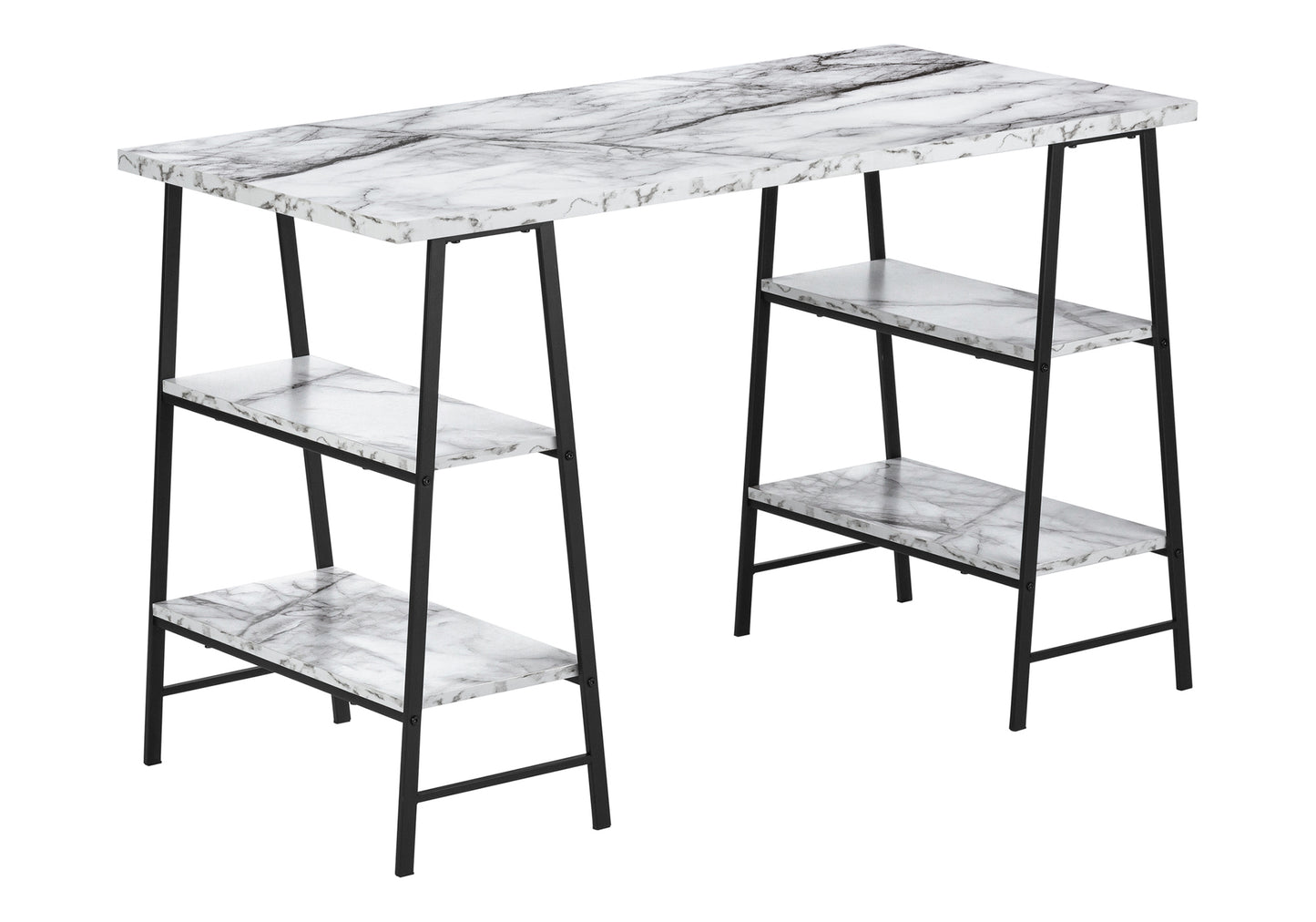 Modern marble desk with black metal frame and integrated shelving