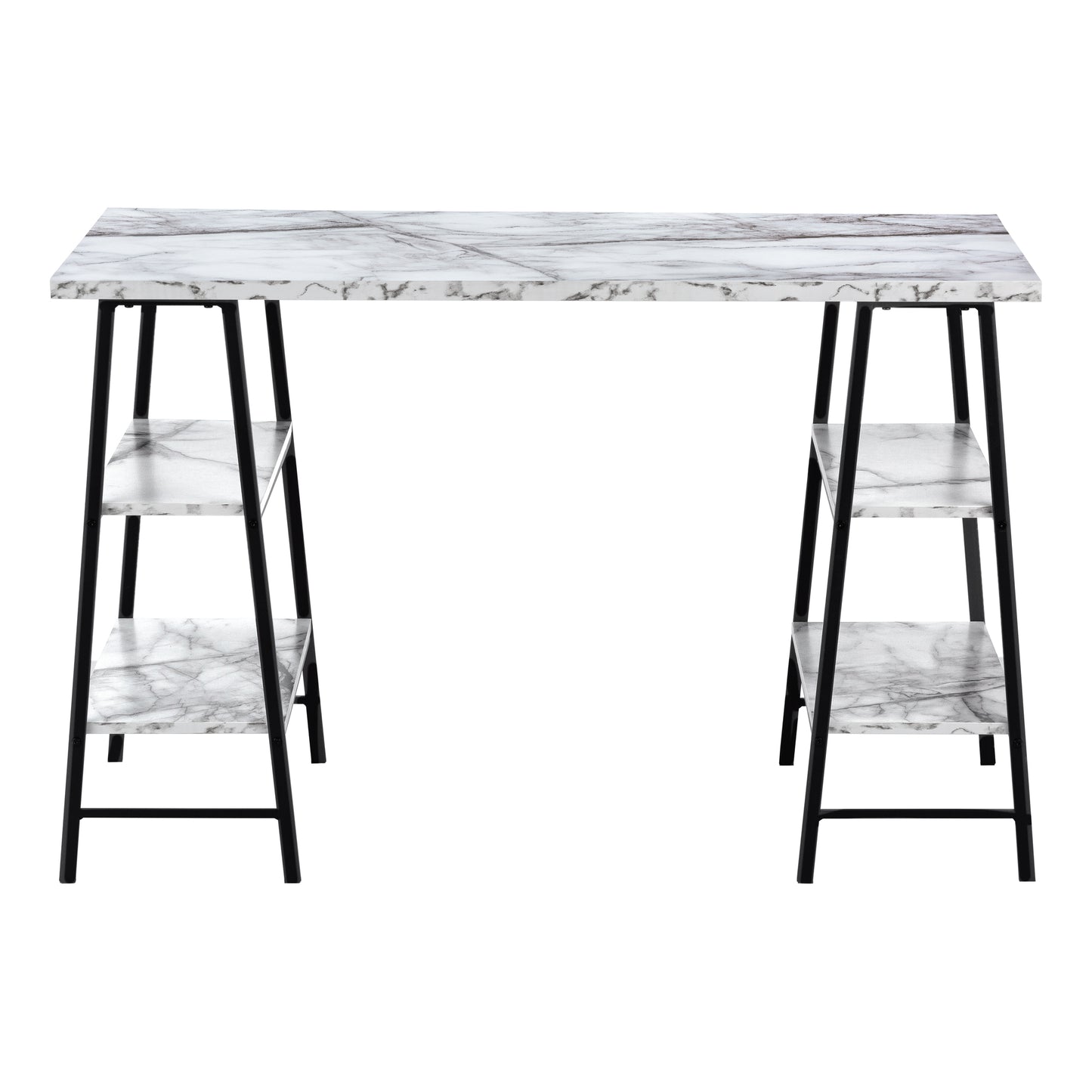 Modern marble effect desk with black metal frame and two shelves