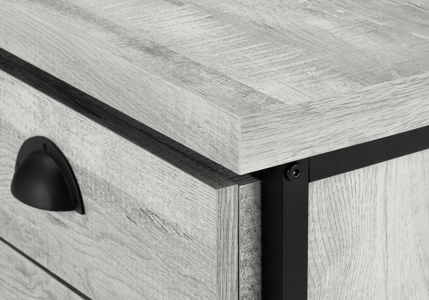 Gray wood grain dresser drawer with black hardware and industrial frame