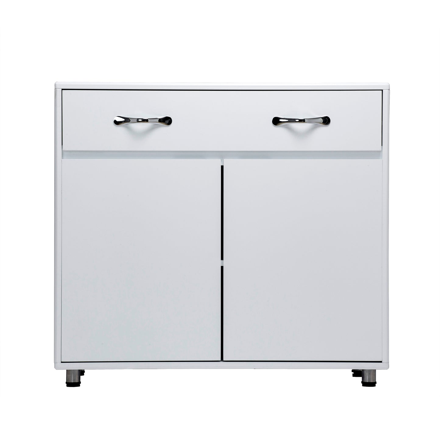 White twodoor cabinet with one drawer and chrome handles
