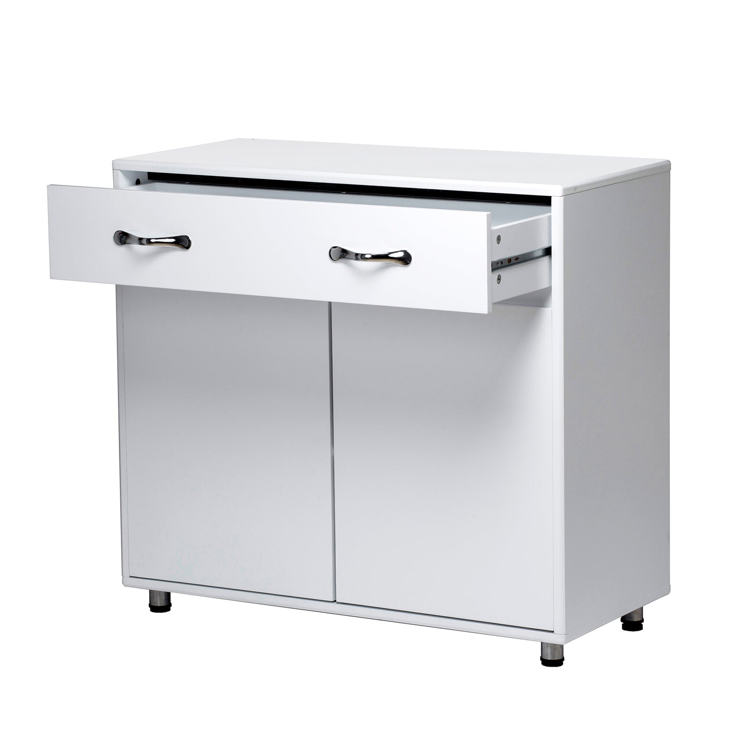 White twodoor cabinet with one open drawer and silver handles