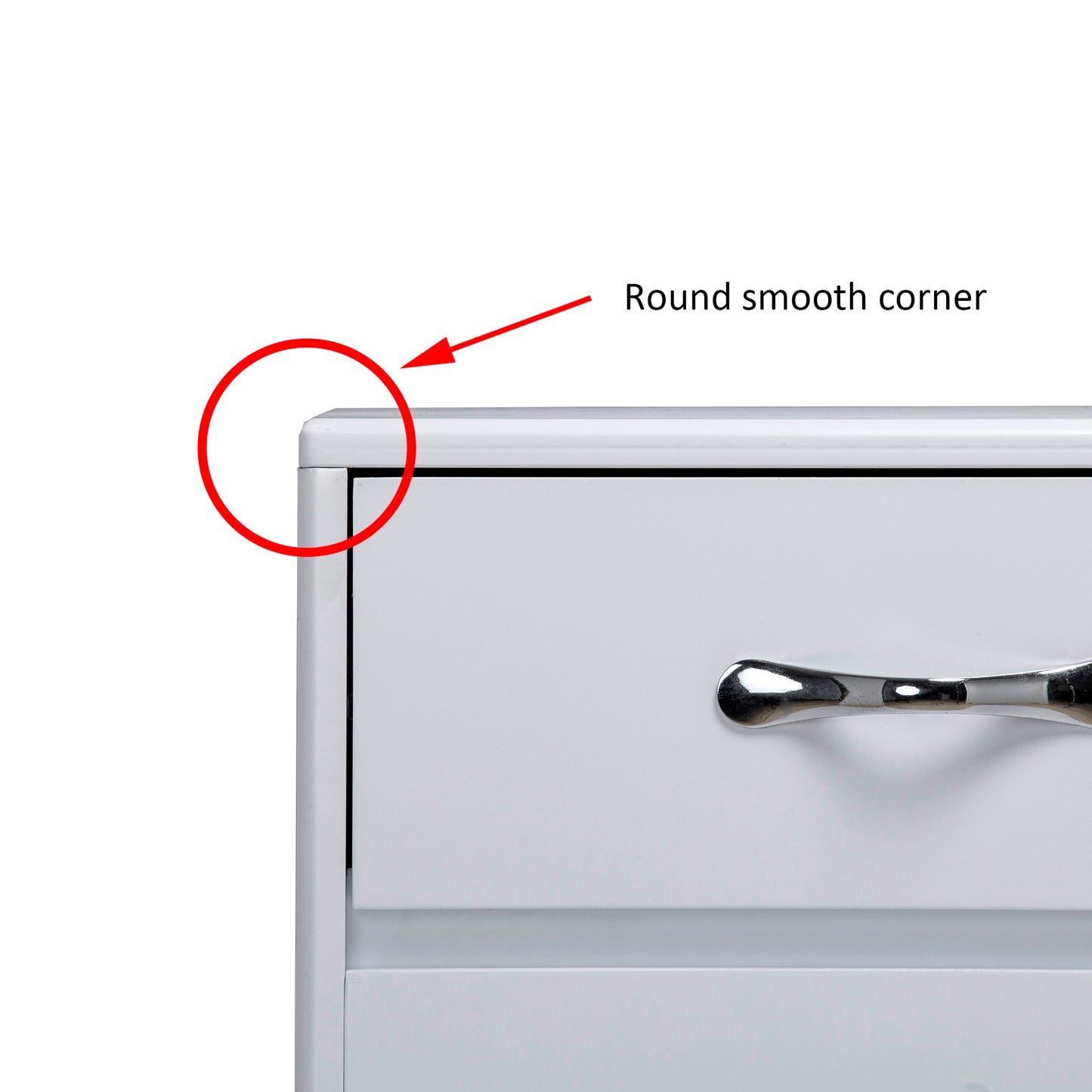 White dresser drawer with polished chrome handle