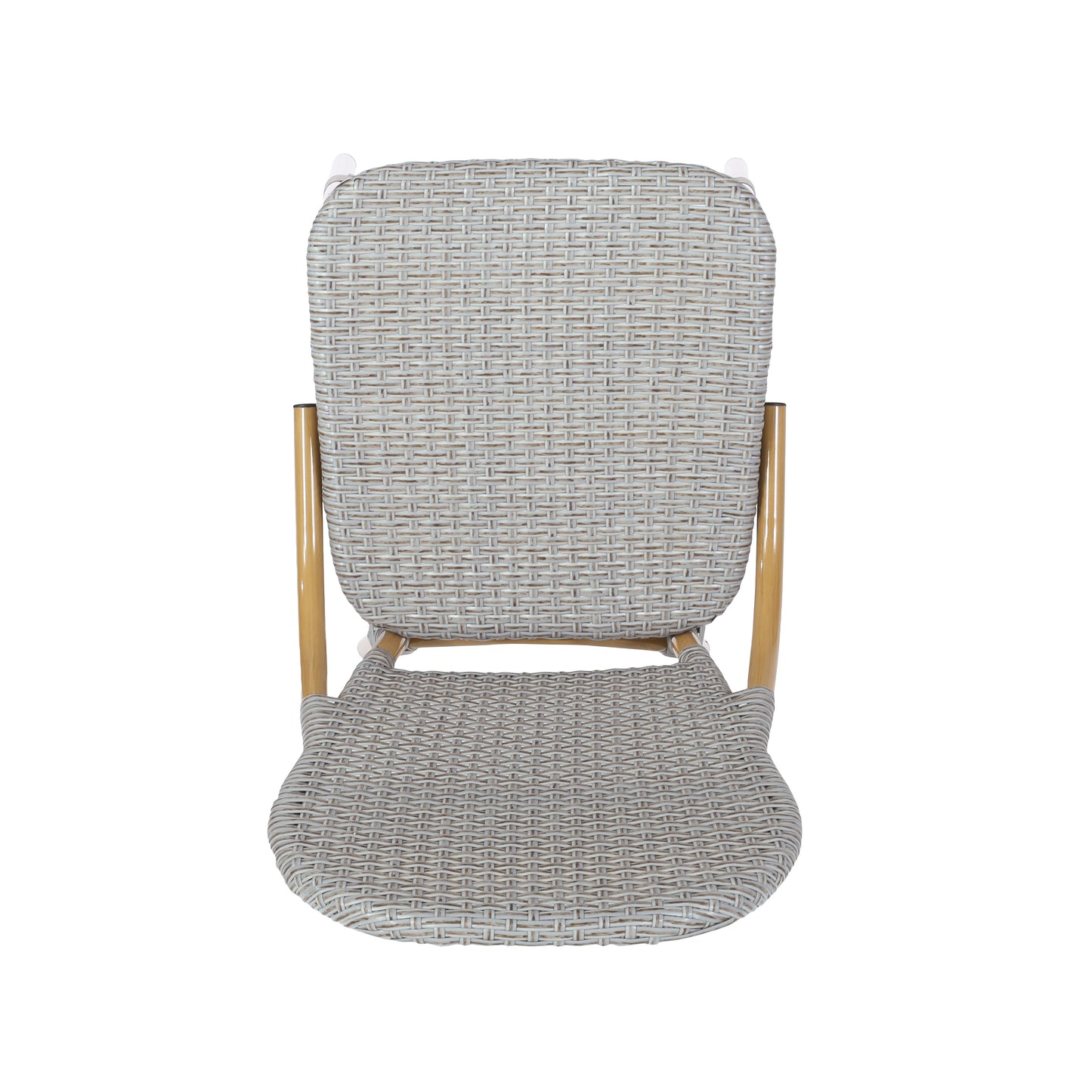 Light grey wicker chair with natural wood legs perfect for dining or patio use