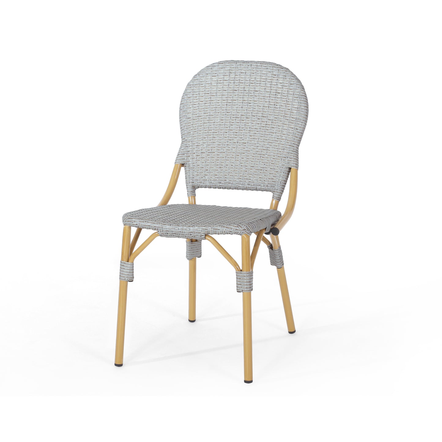 Grey woven bistro chair with curved back and bamboo legs for outdoor seating