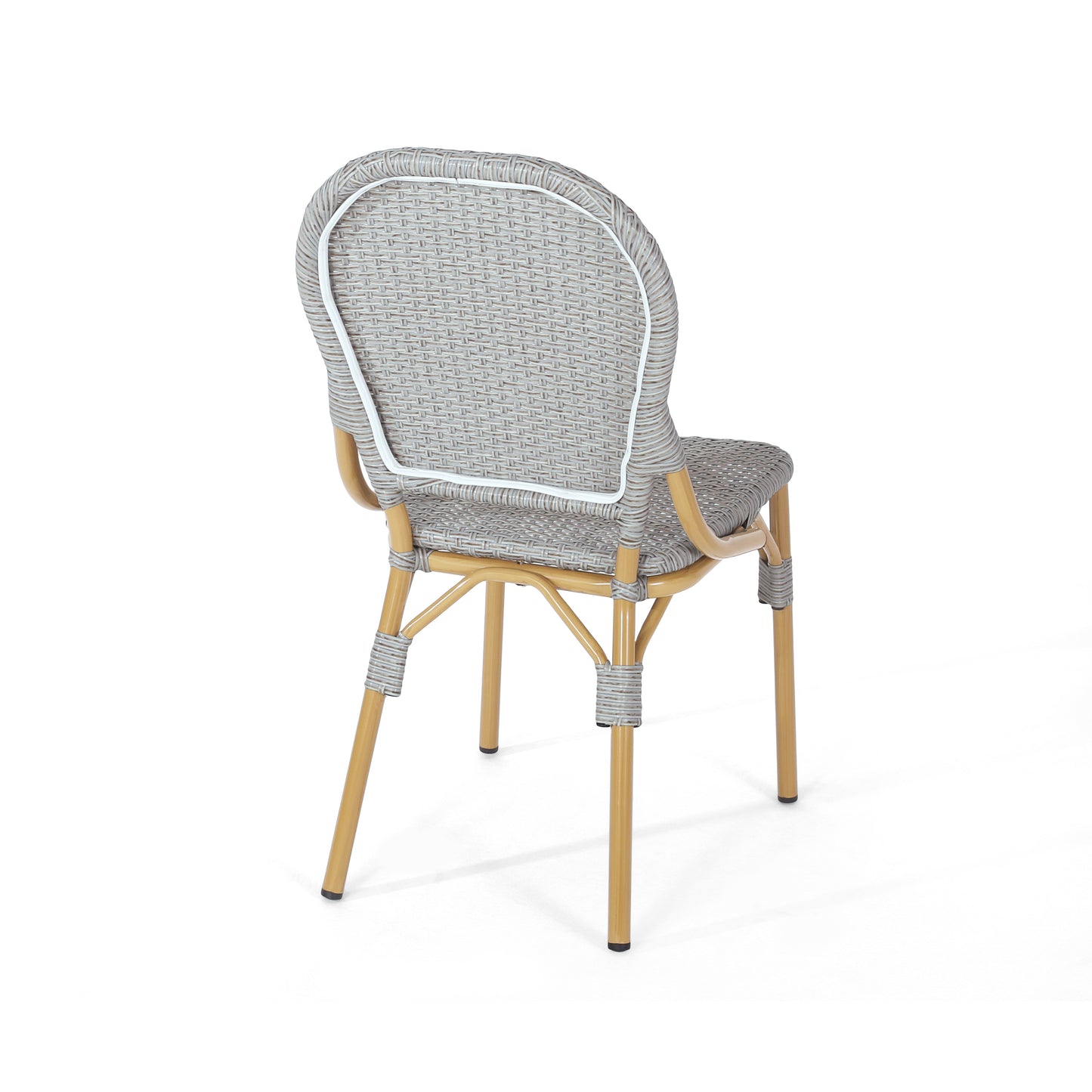 Gray rattan bistro chair with light wood legs and white trim