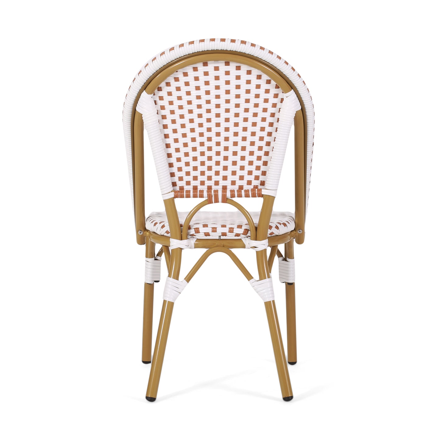 Woven rattan cafe chair with white and brown pattern ideal for outdoor seating