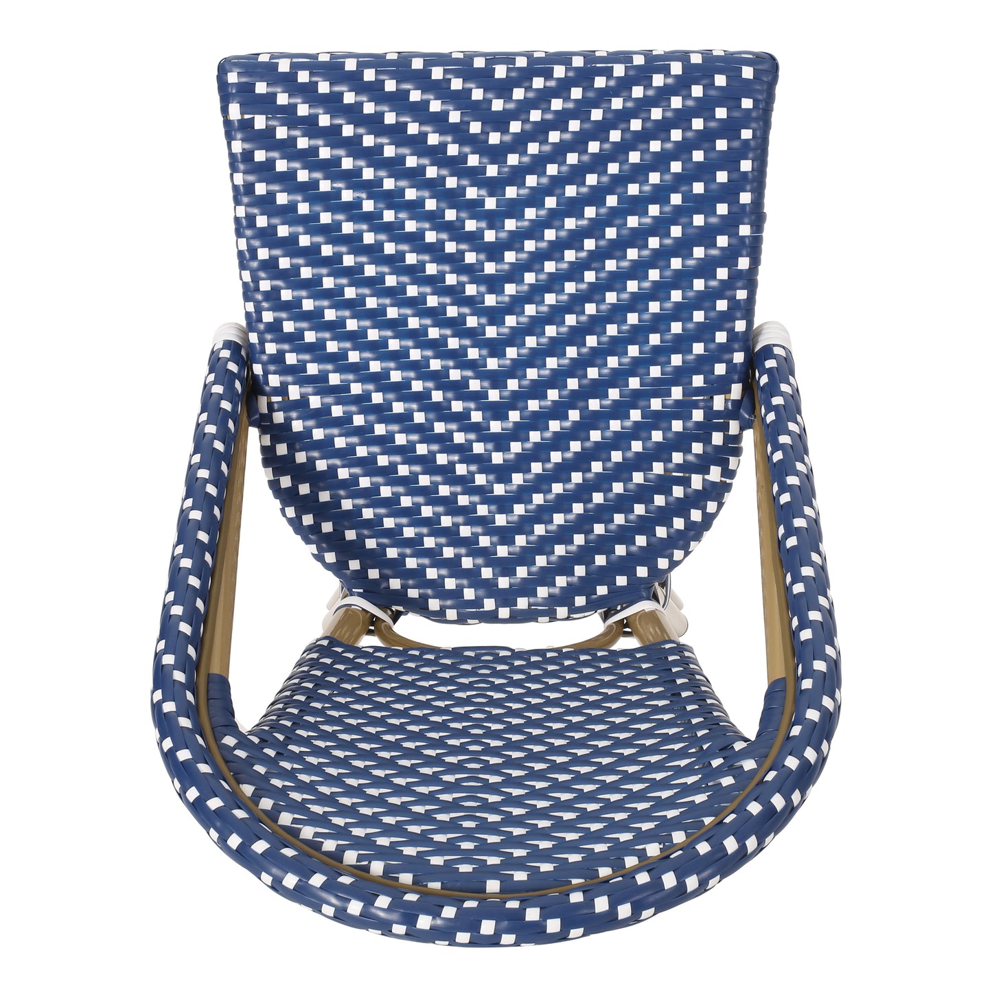 Blue and white woven bistro chair with curved arms and woven seat