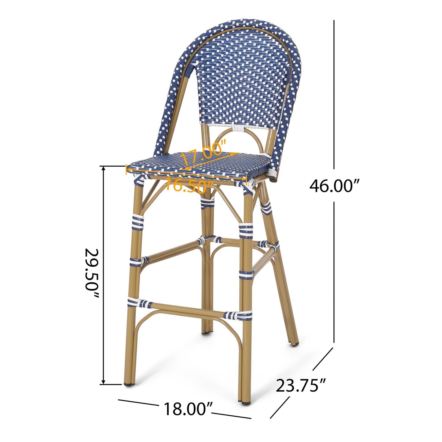 Blue and white rattan bistro stool with gold frame perfect for cafes
