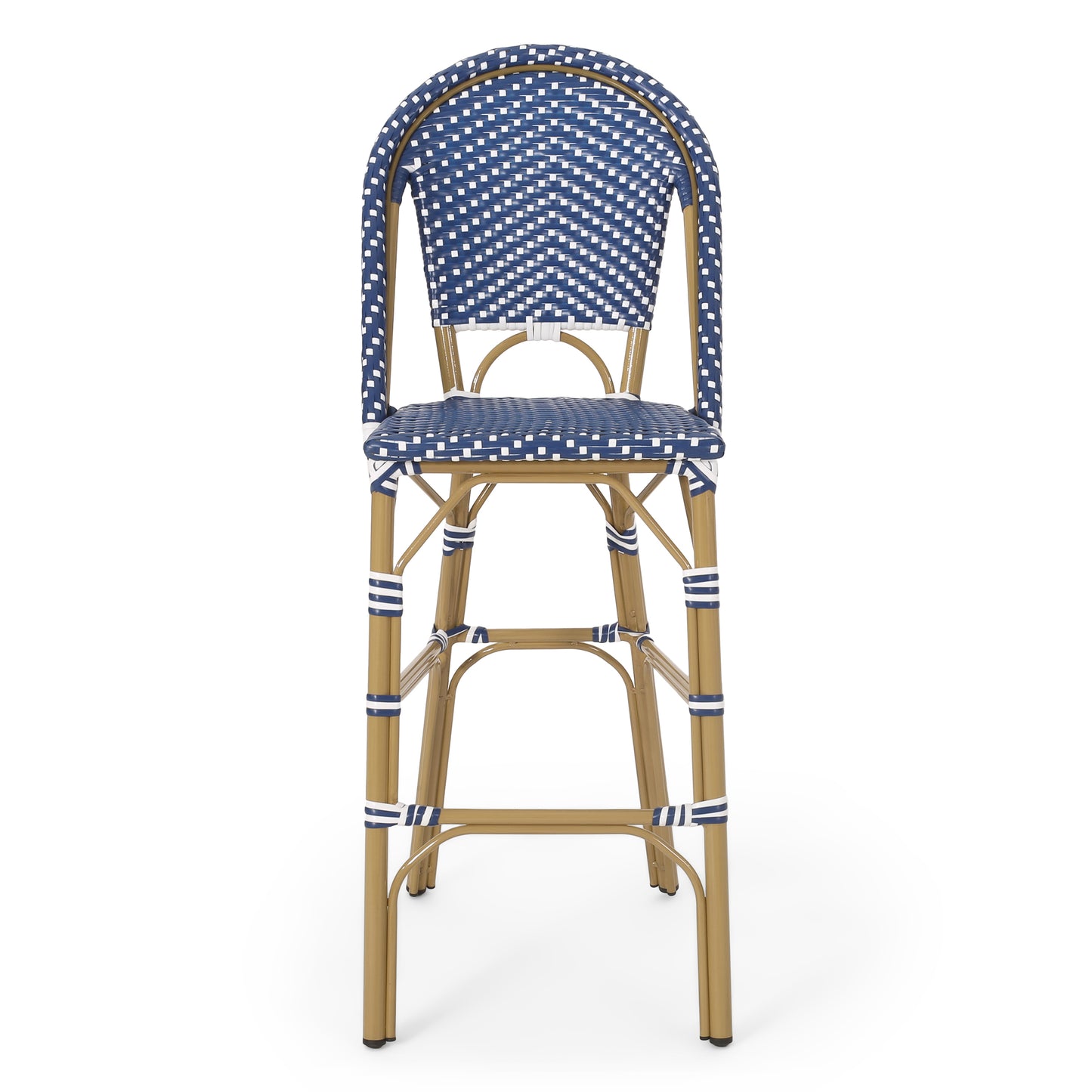 Blue and white woven rattan bar stool with gold frame