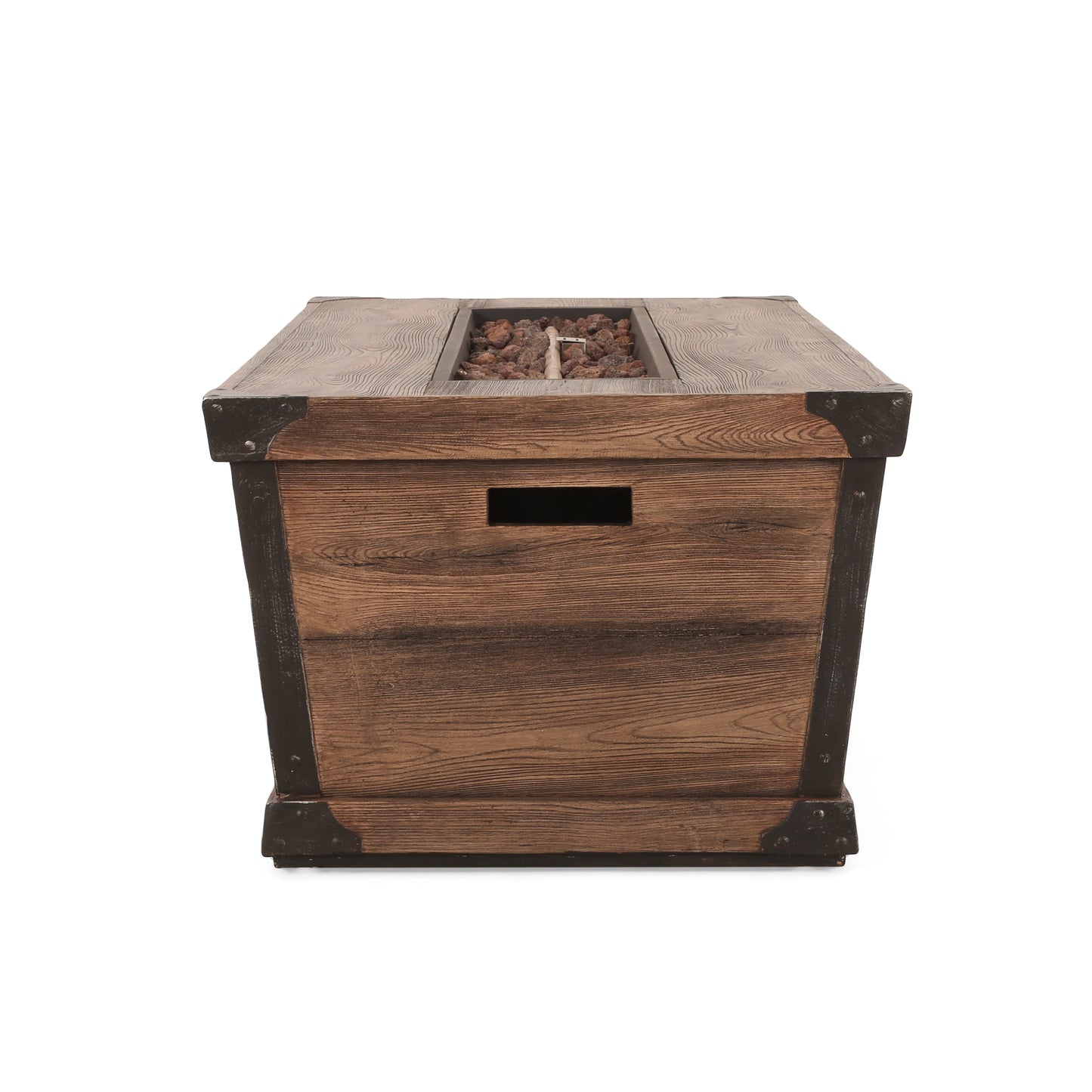 Wooden gas fire pit table with faux wood grain and metal accents