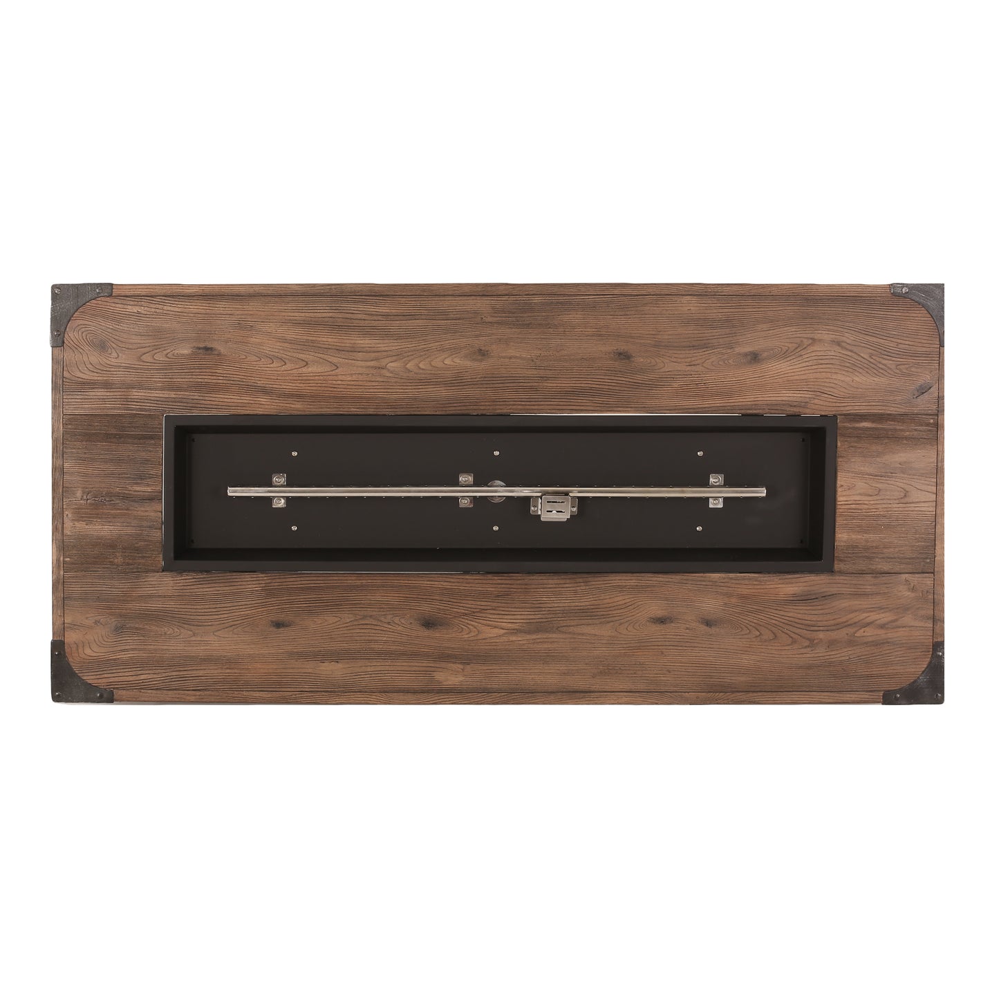 Rustic wood grain coffee table with metal corner accents and a central fire pit