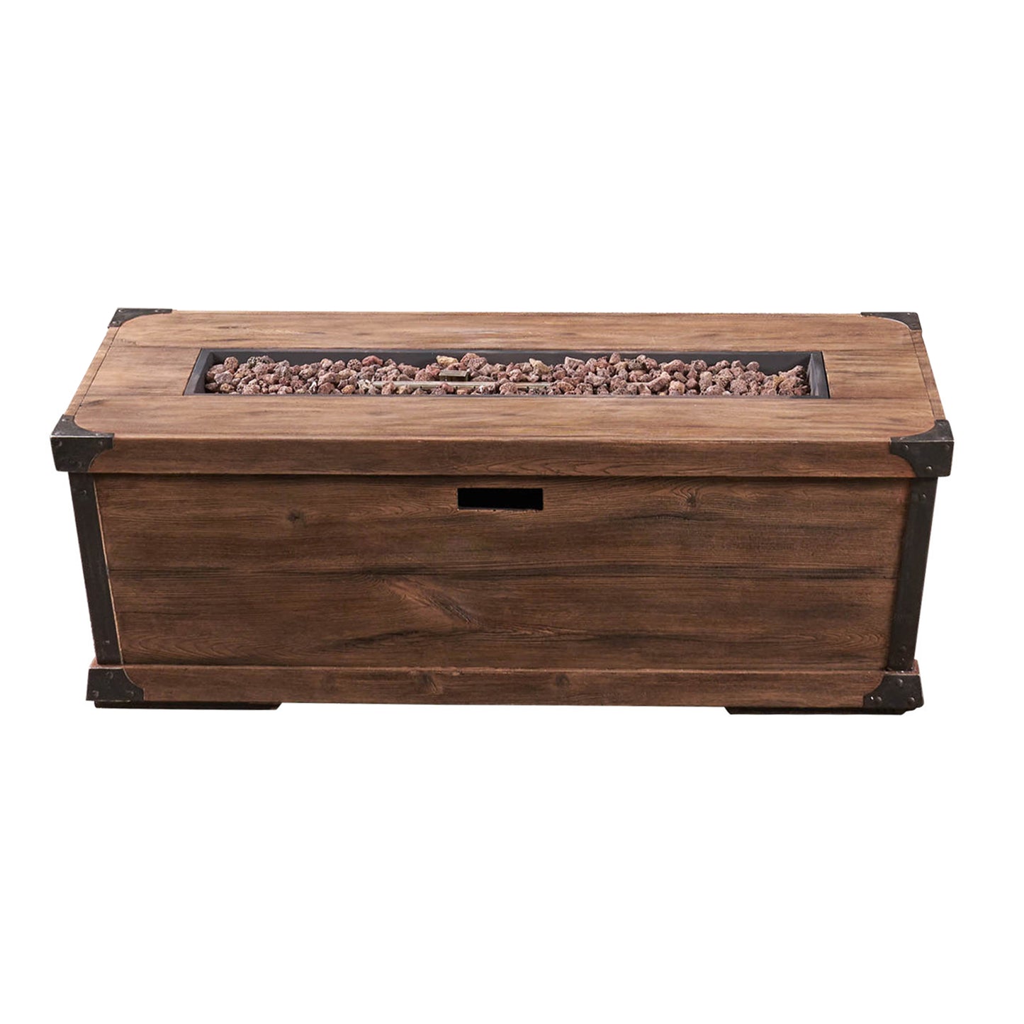 Rectangular dark wood fire pit table with metal accents and red lava rocks