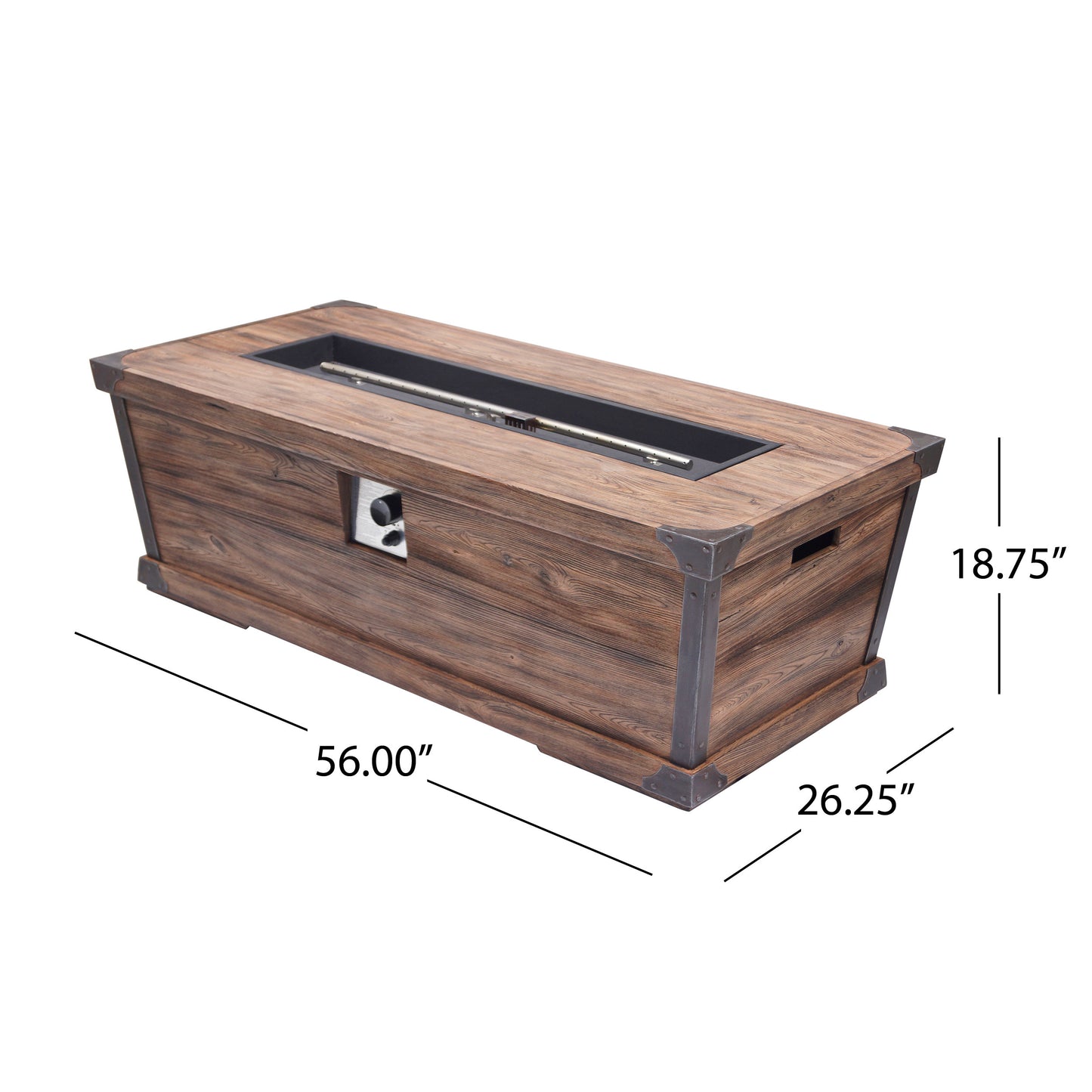 Rectangular woodlook patio fire pit table with black metal accents ideal for outdoor gatherings