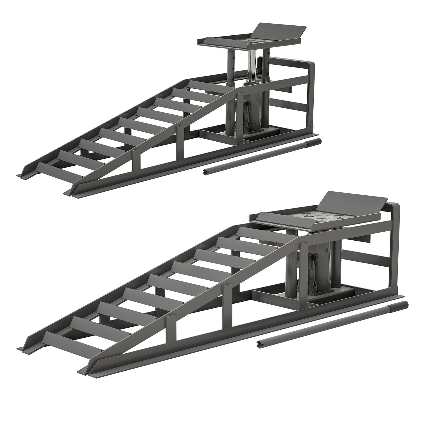 Gray hydraulic car ramp with tiered steps for lifting vehicles safely