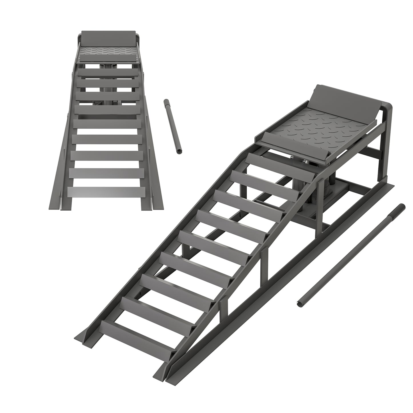 Gray metal auto ramp with textured platform and treaded steps