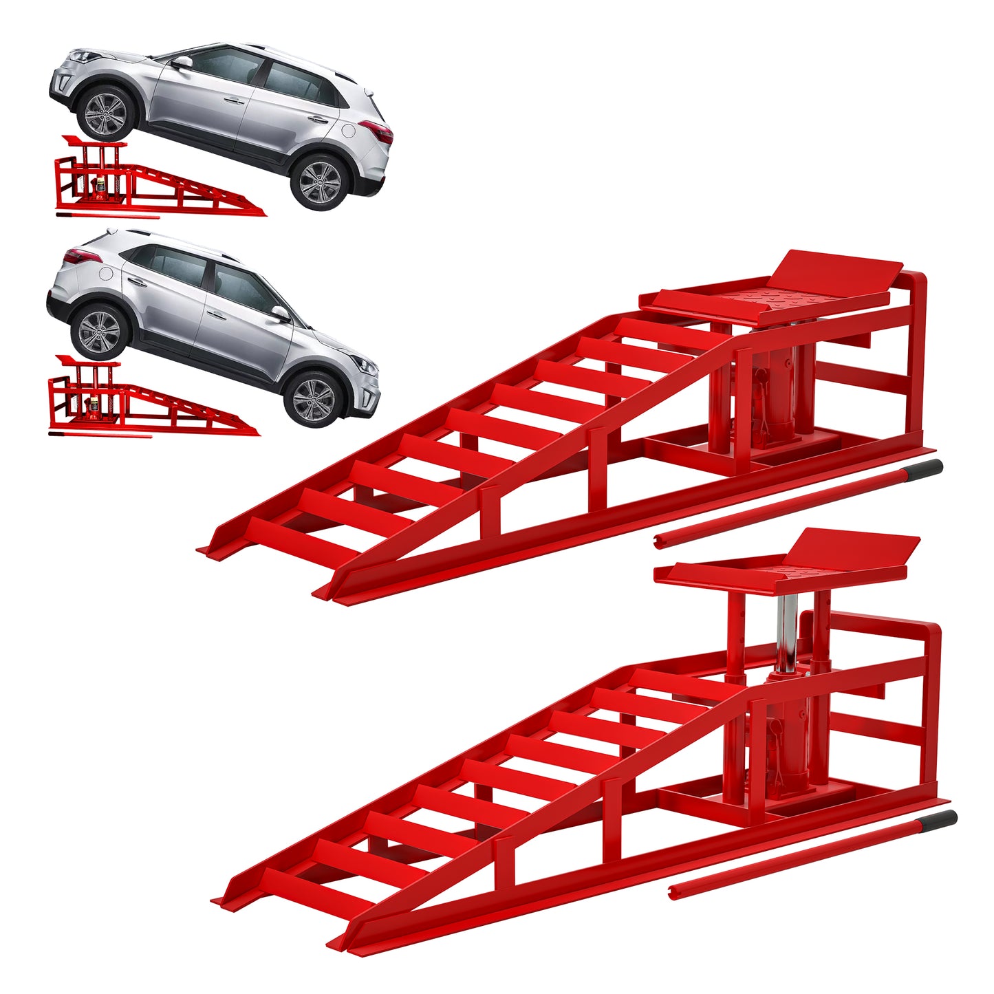 Red hydraulic car jack ramps for lifting vehicles steel construction
