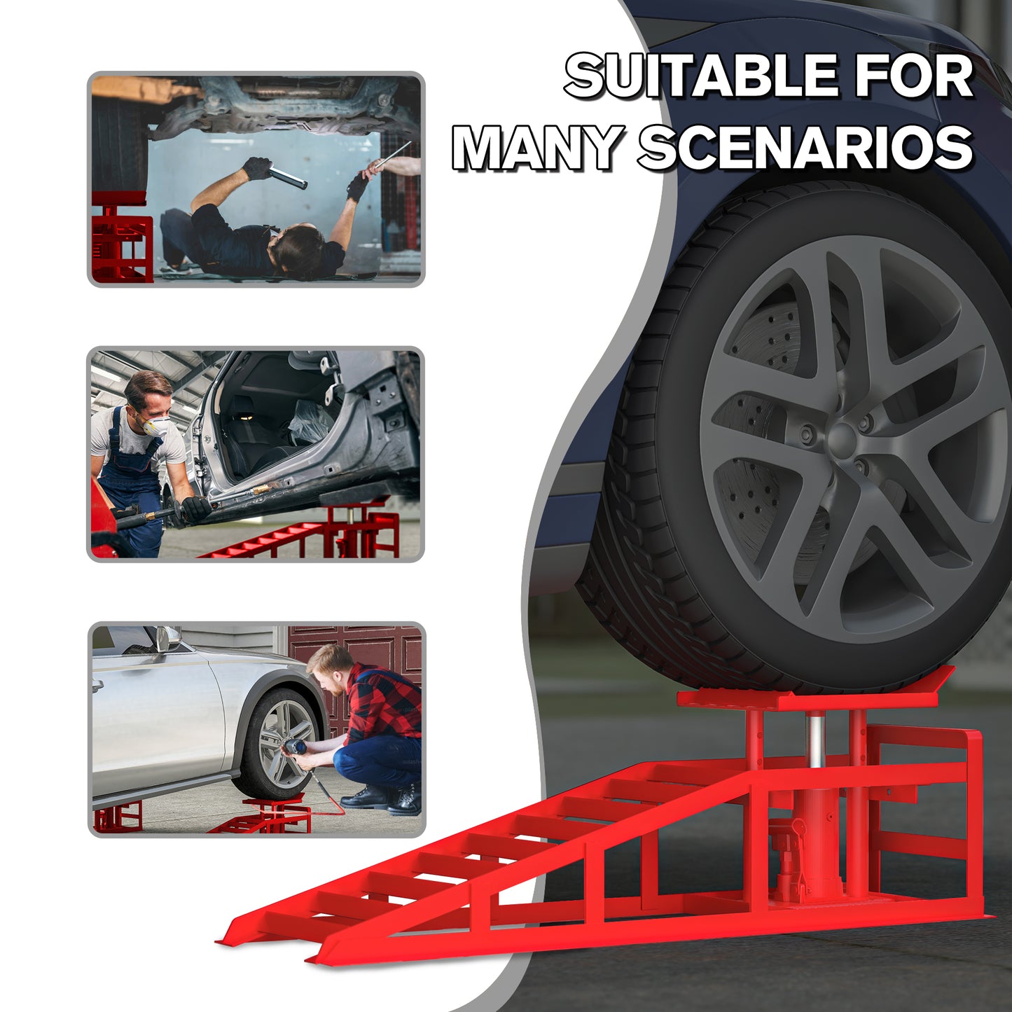 Red hydraulic car ramp lifting a vehicle for undercarriage work