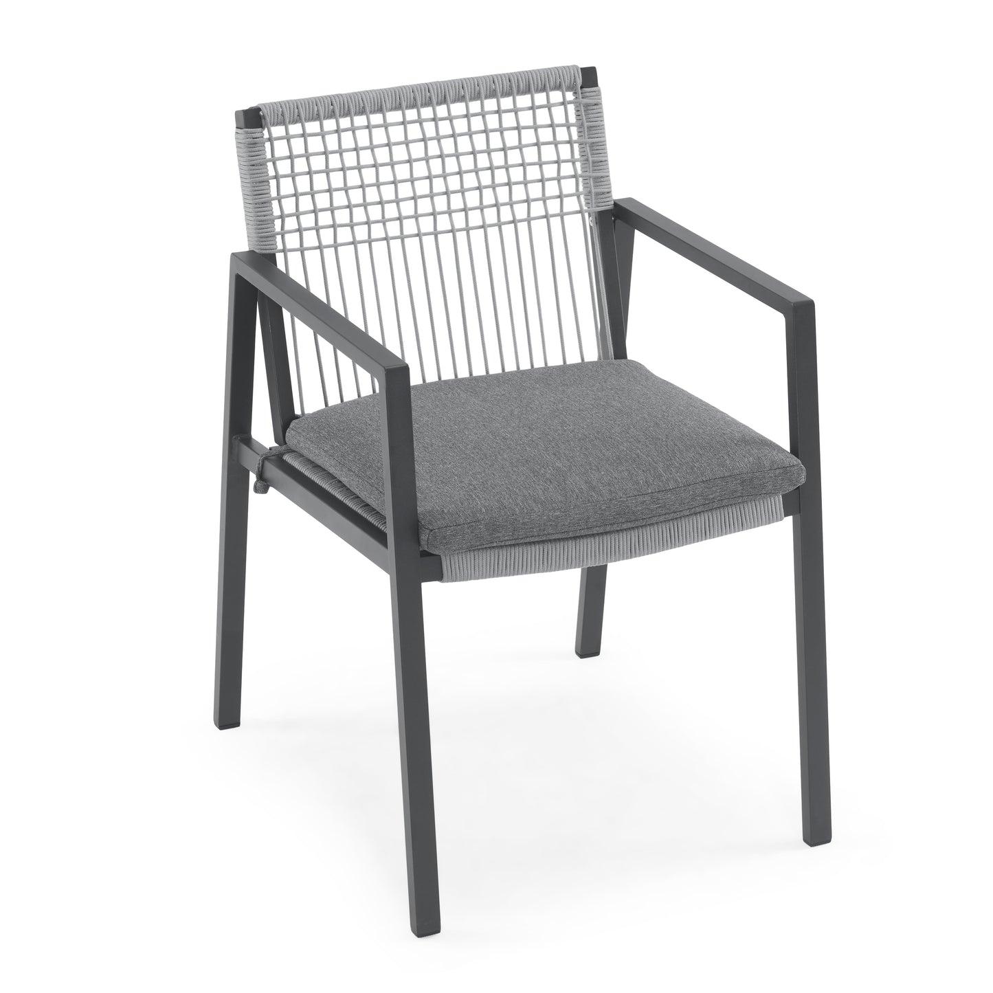 Modern grey rope dining chair with dark metal frame and comfortable cushion for outdoor patios